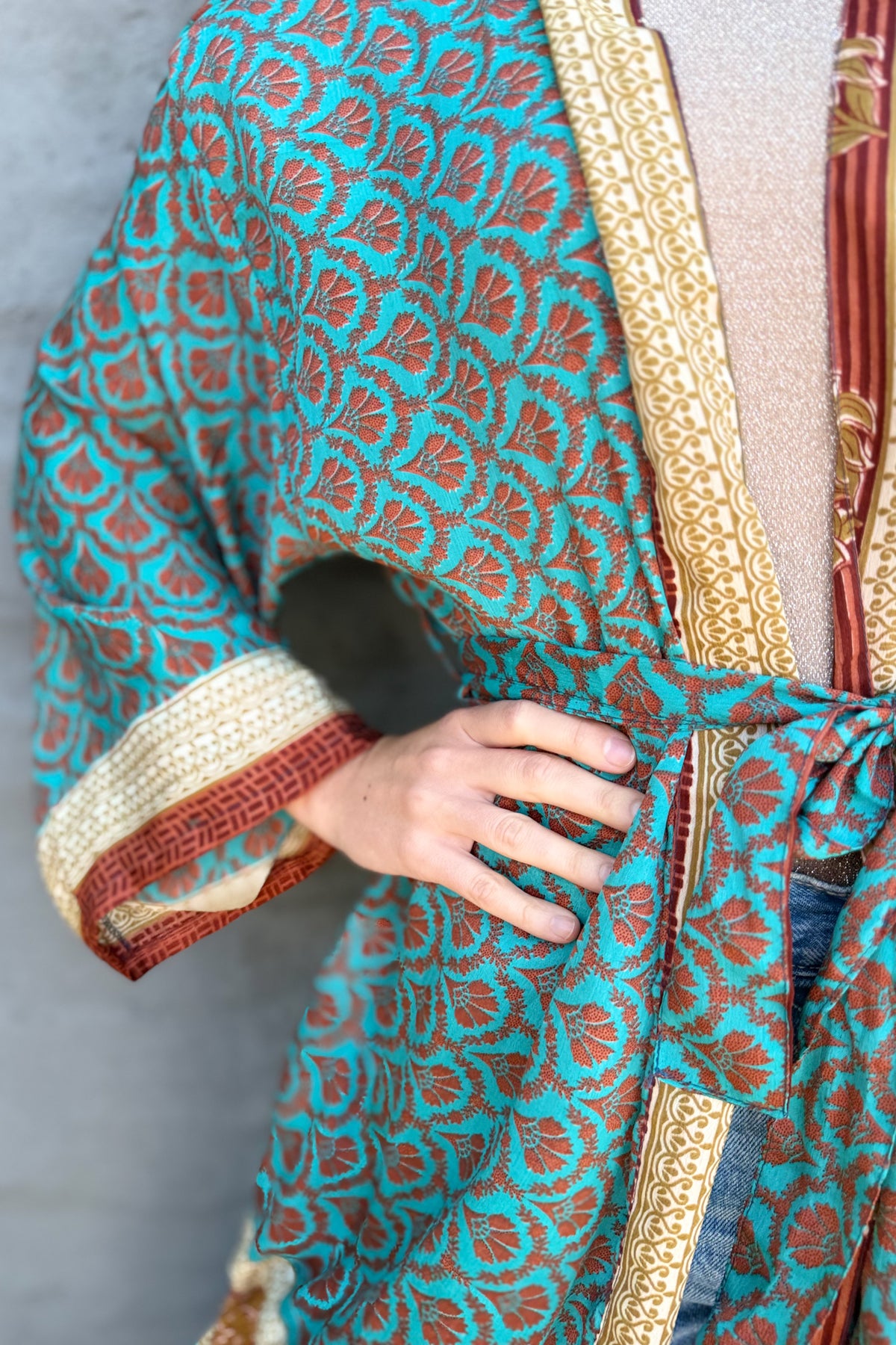Upcycled Silk Sari Kimono In Grecian Turquoise