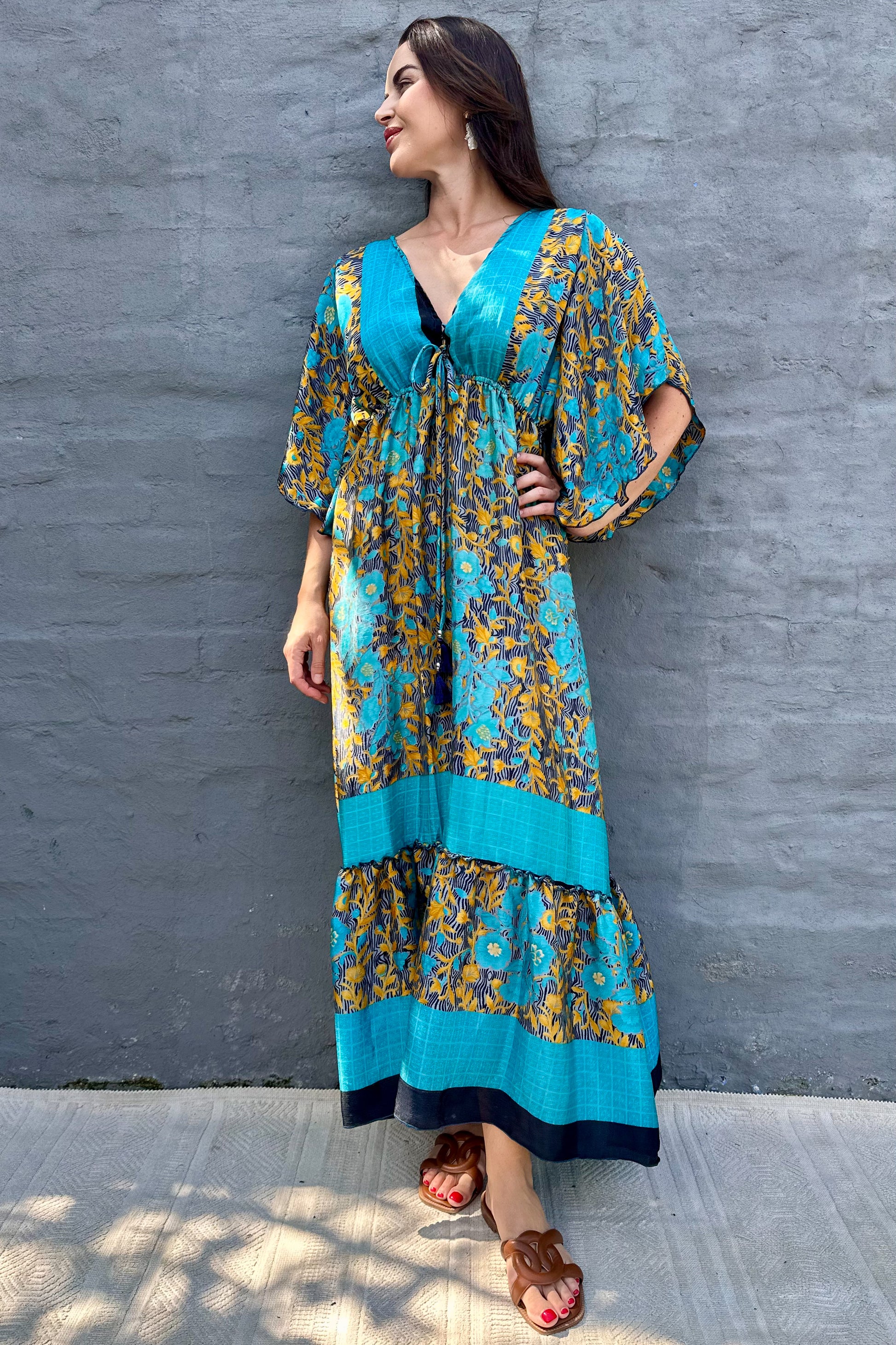 Aurora Dress In Gold & Turquoise Vine