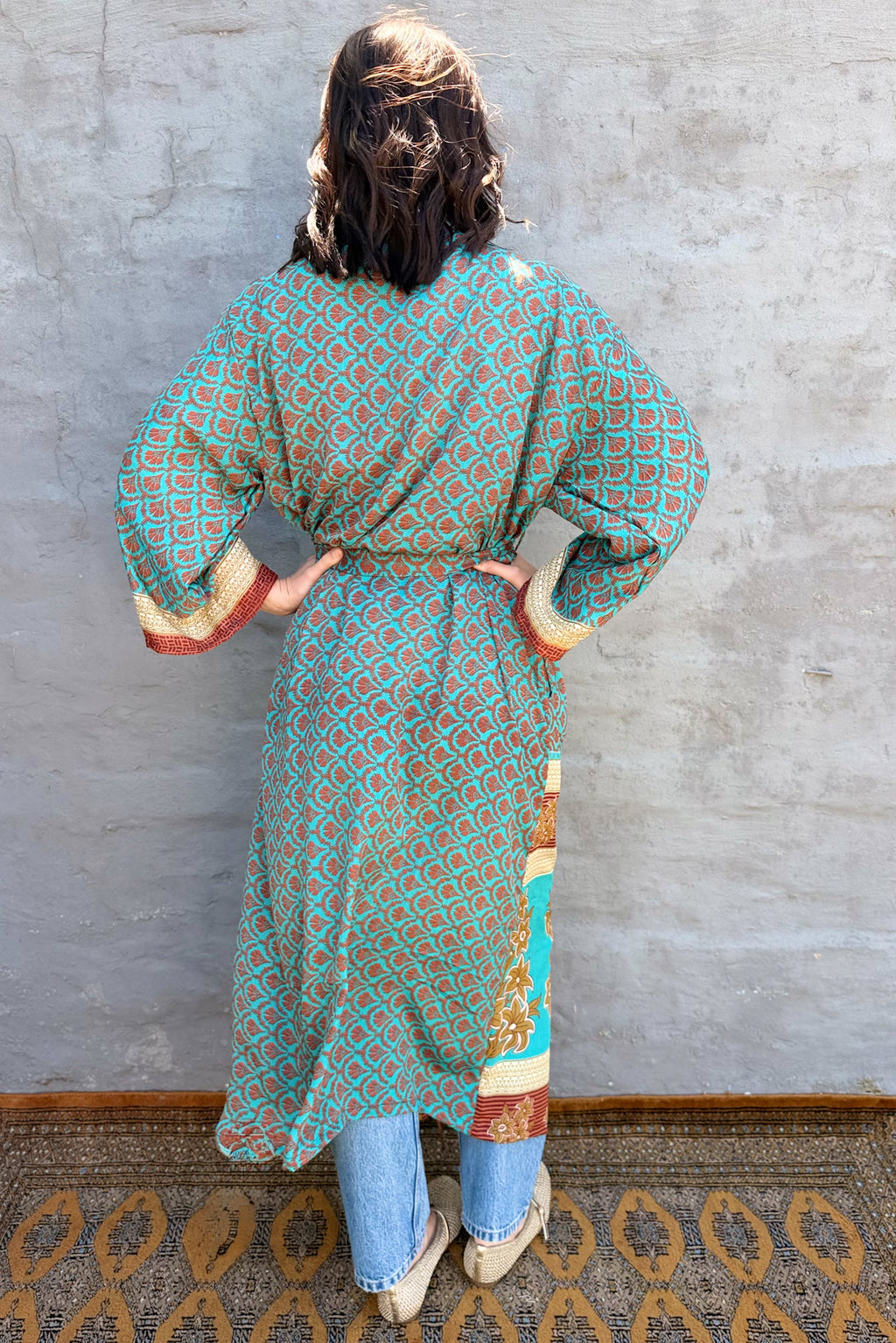Upcycled Silk Sari Kimono In Grecian Turquoise