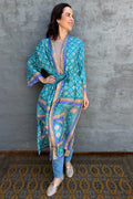 Upcycled Silk Sari Kimono In Viridian Geometric
