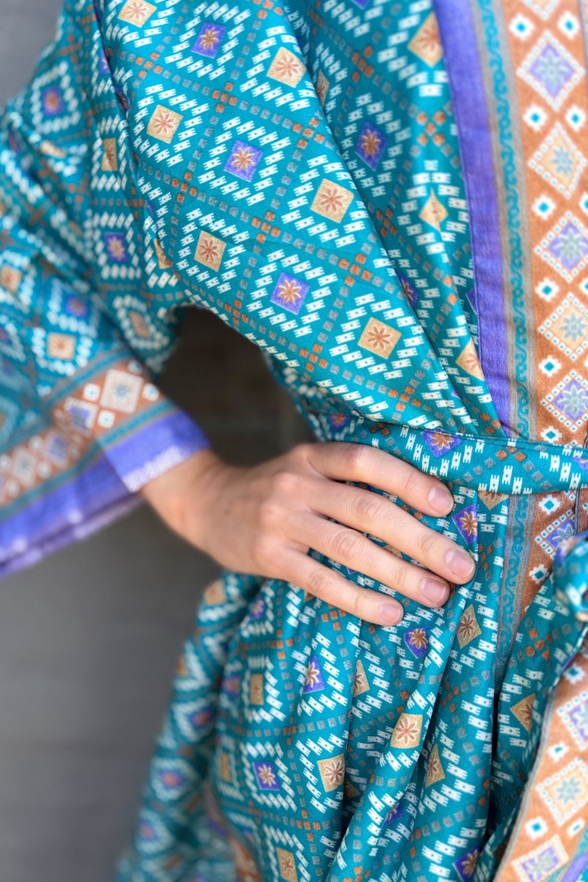 Upcycled Silk Sari Kimono In Viridian Geometric