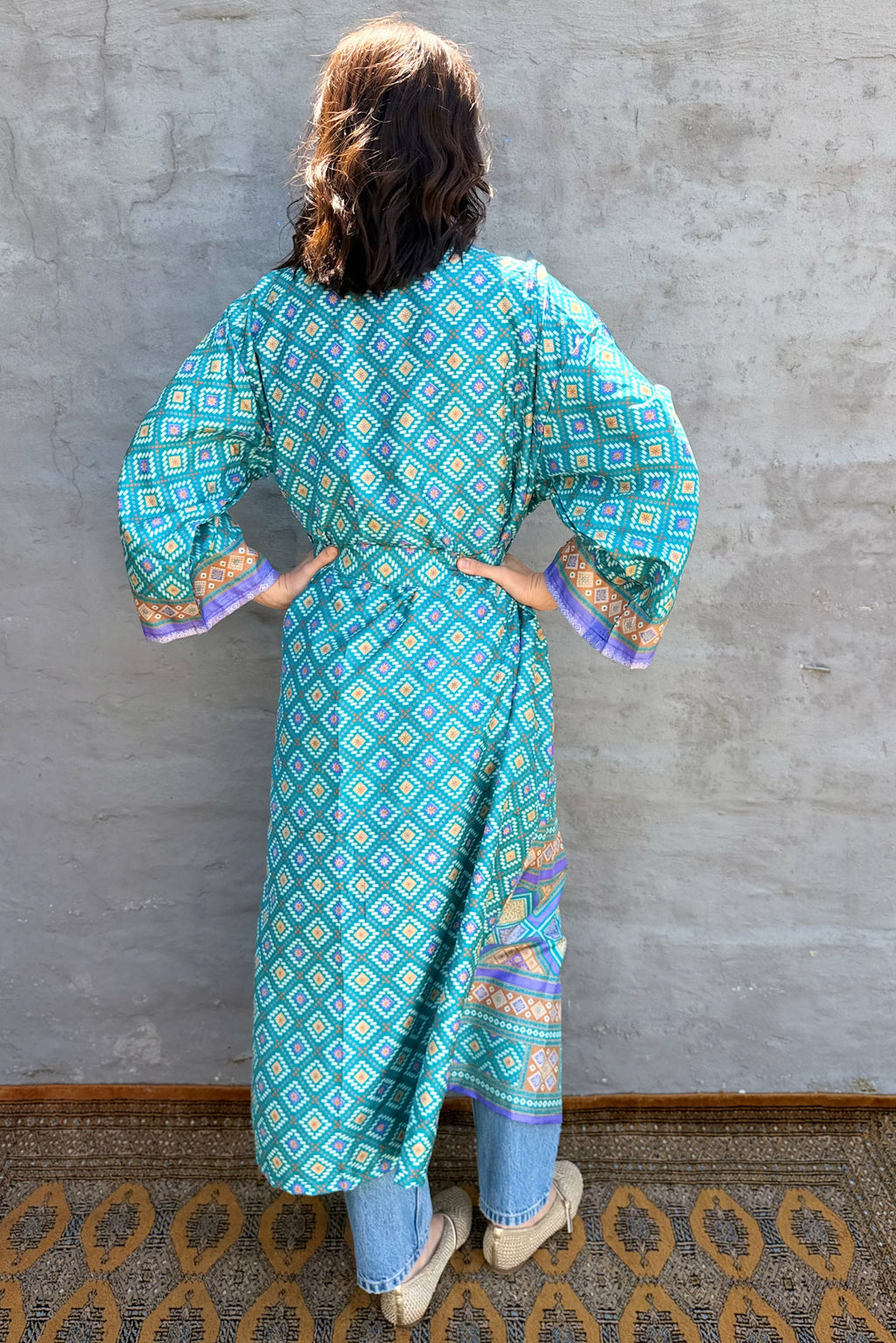 Upcycled Silk Sari Kimono In Viridian Geometric
