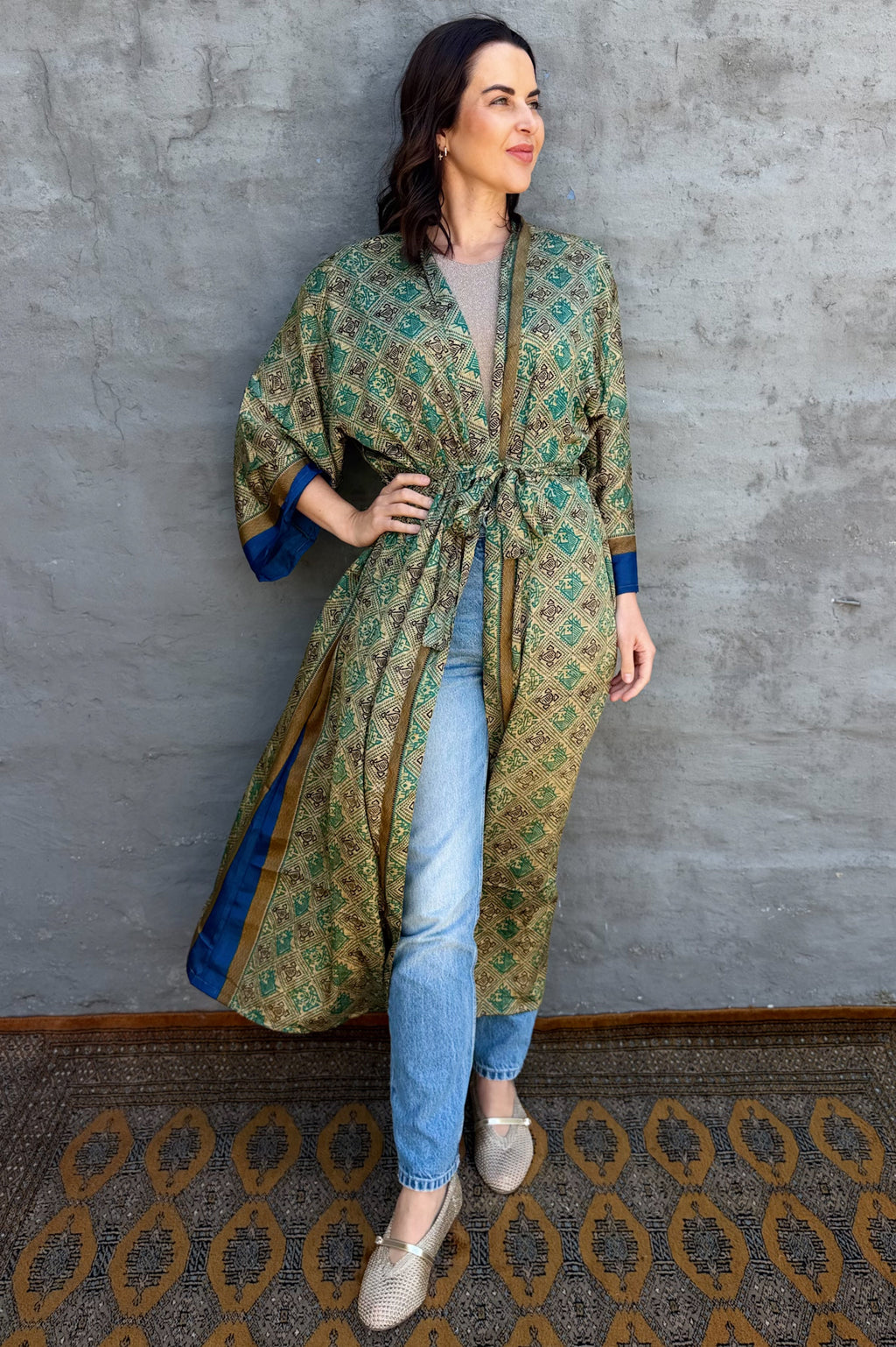 Upcycled Silk Sari Kimono In Golden Jade Aztec