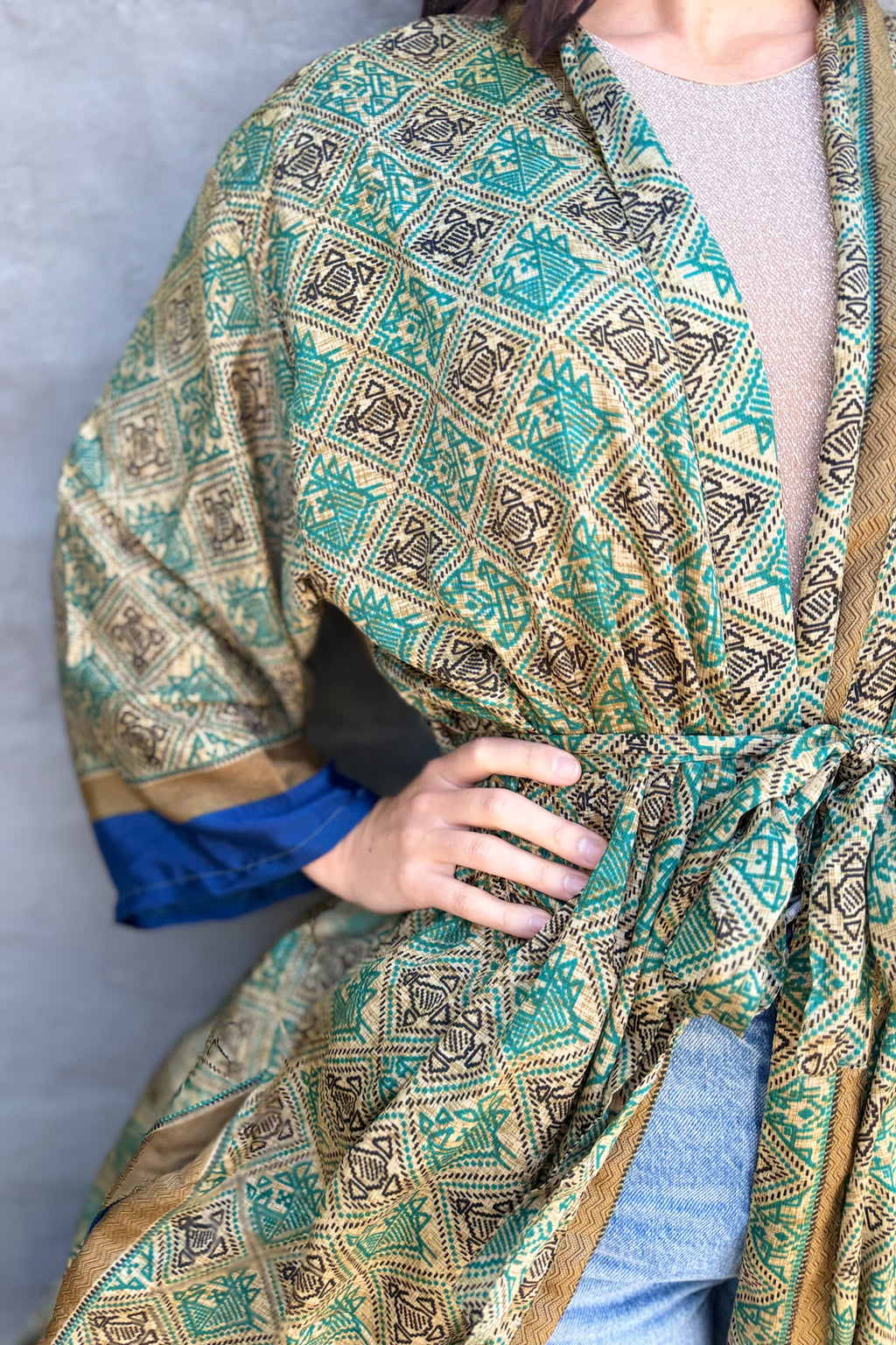 Upcycled Silk Sari Kimono In Golden Jade Aztec