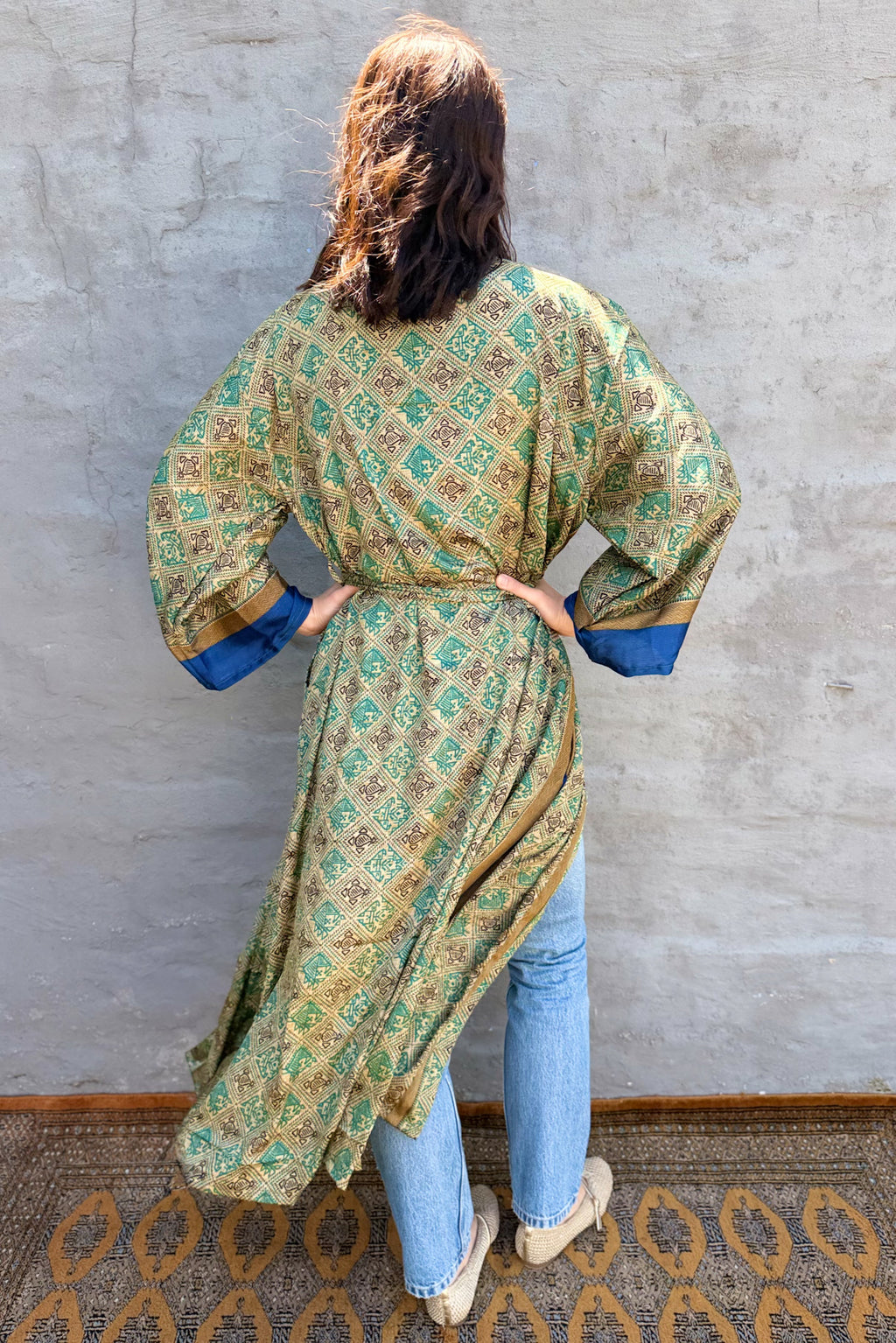Upcycled Silk Sari Kimono In Golden Jade Aztec