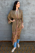 Upcycled Silk Sari Kimono In Olive Leaf