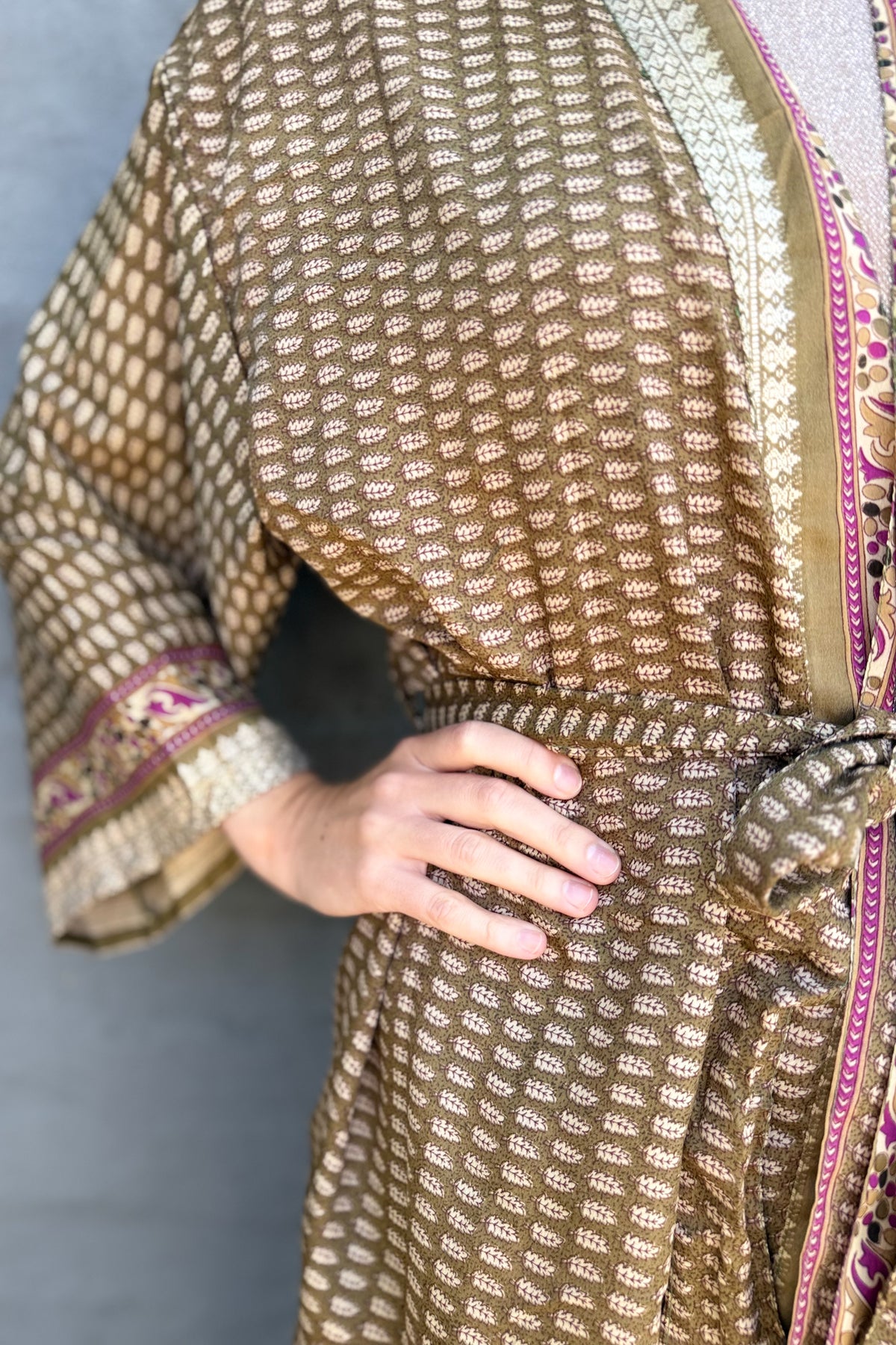 Upcycled Silk Sari Kimono In Olive Leaf
