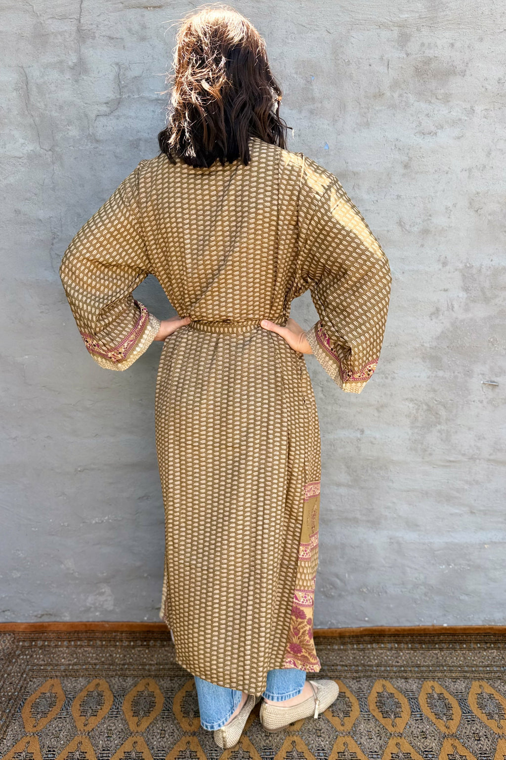 Upcycled Silk Sari Kimono In Olive Leaf