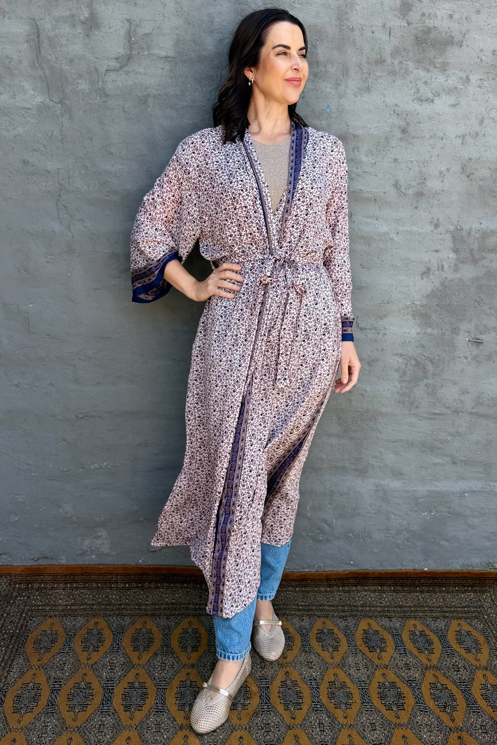 Upcycled Silk Sari Kimono In Liberty Navy