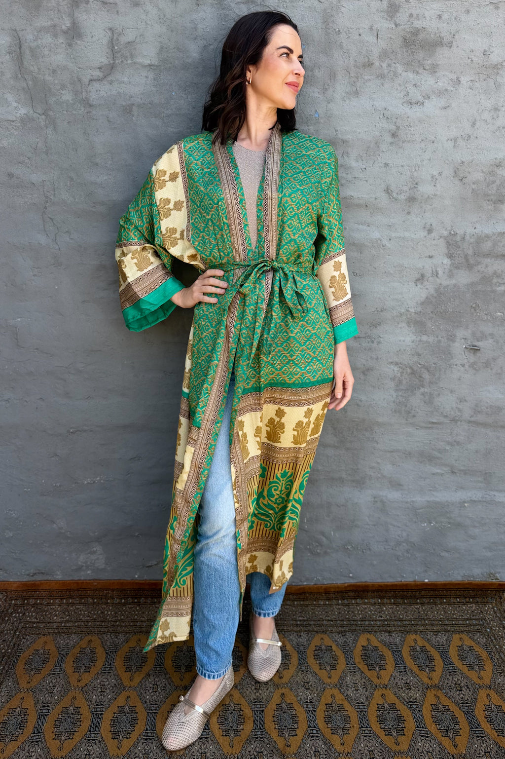 Upcycled Silk Sari Kimono In Golden Apple