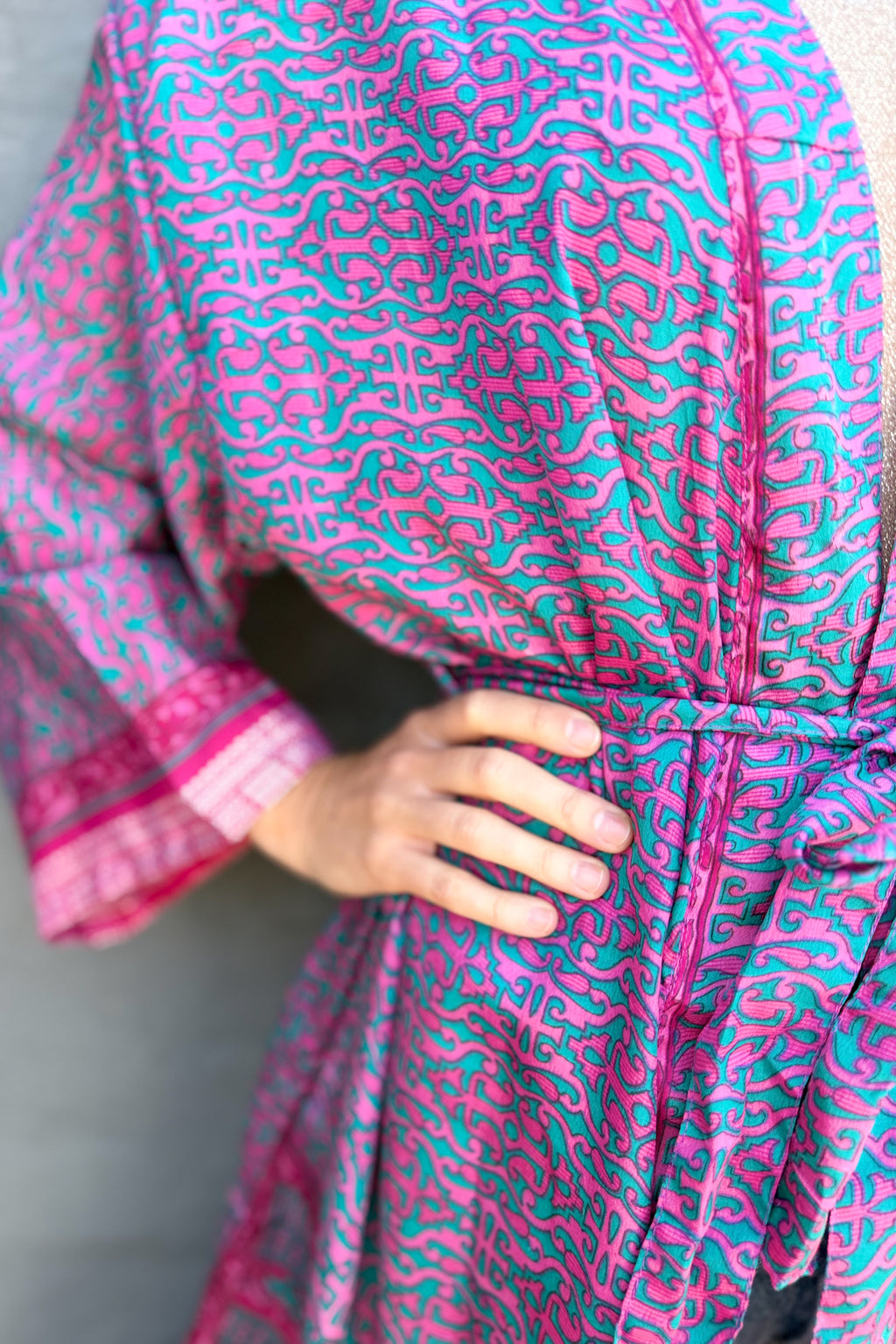 Upcycled Silk Sari Kimono In Pink Peacock