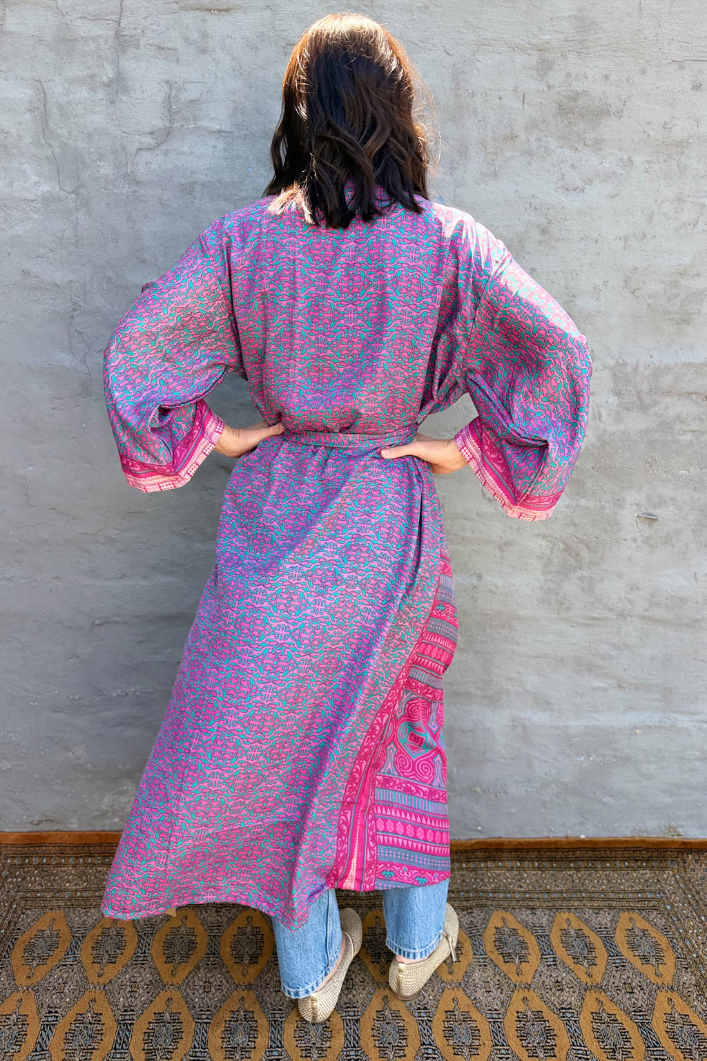 Upcycled Silk Sari Kimono In Pink Peacock