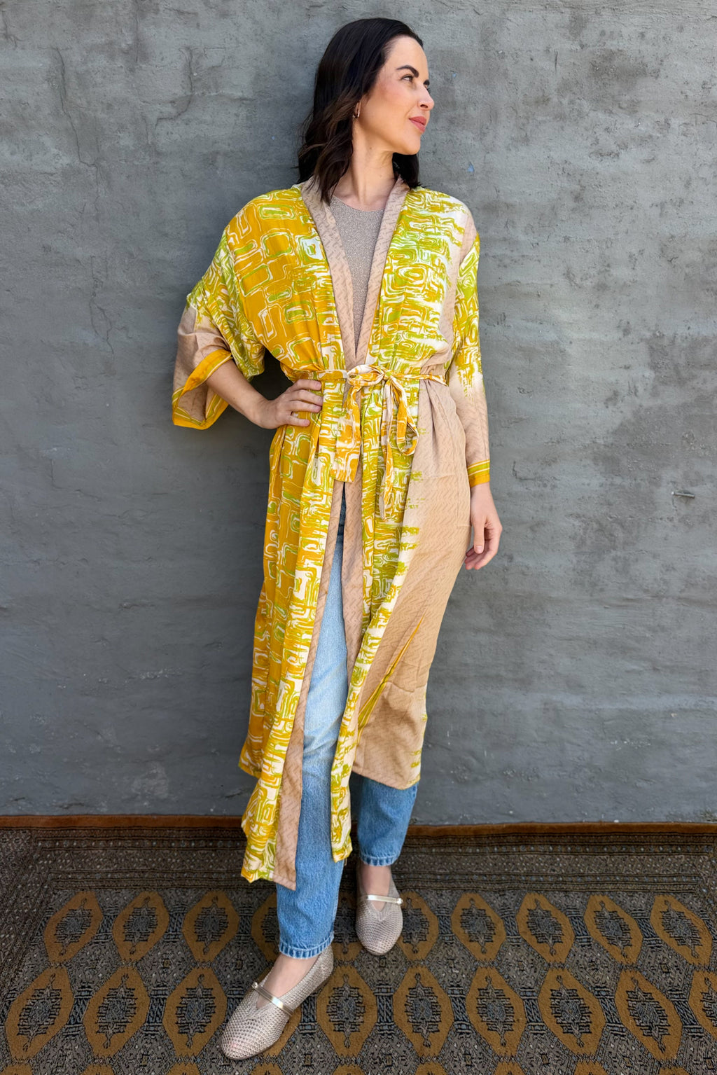 Upcycled Silk Sari Kimono In Golden Citrus
