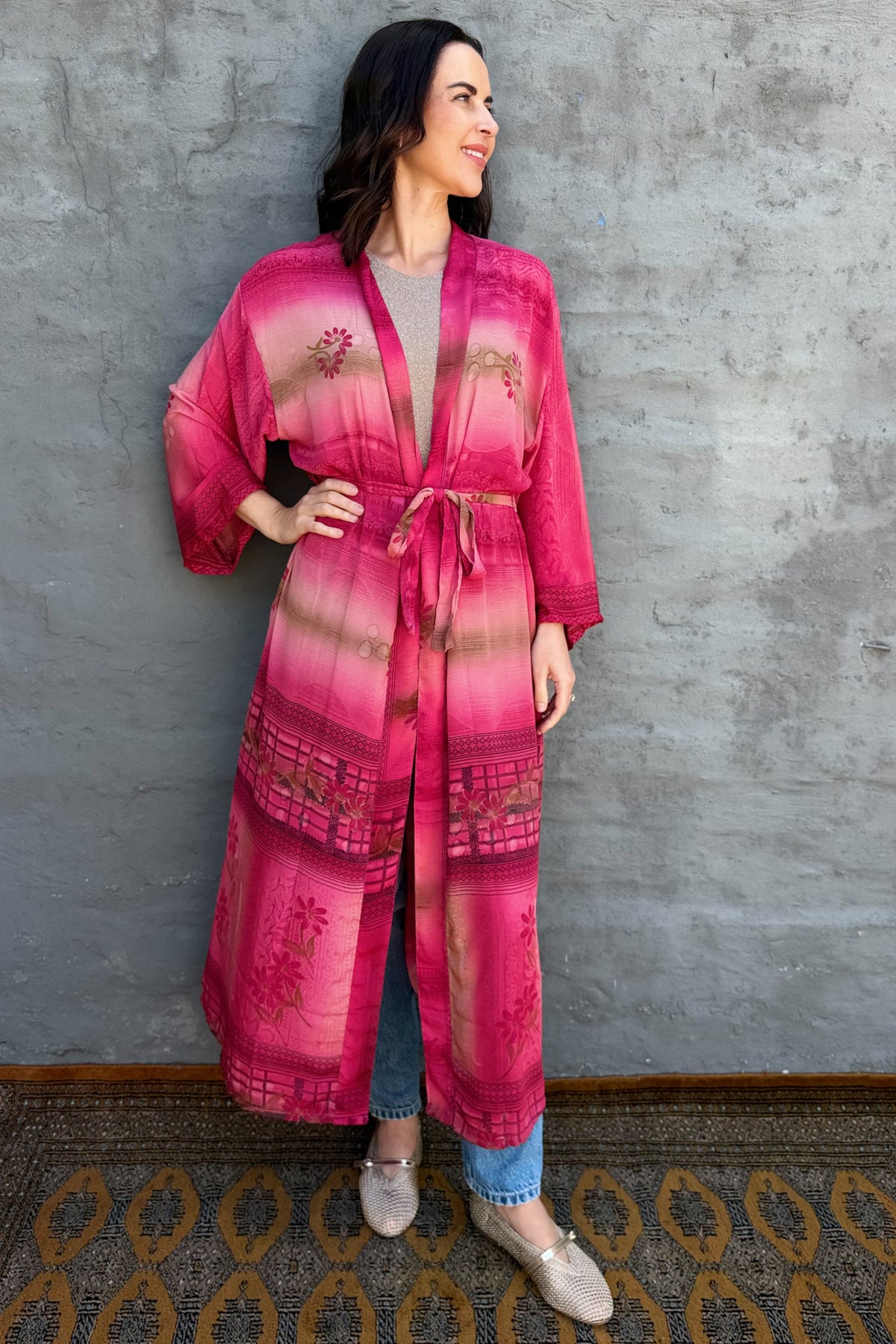Upcycled Silk Sari Kimono In Rouge Daisy