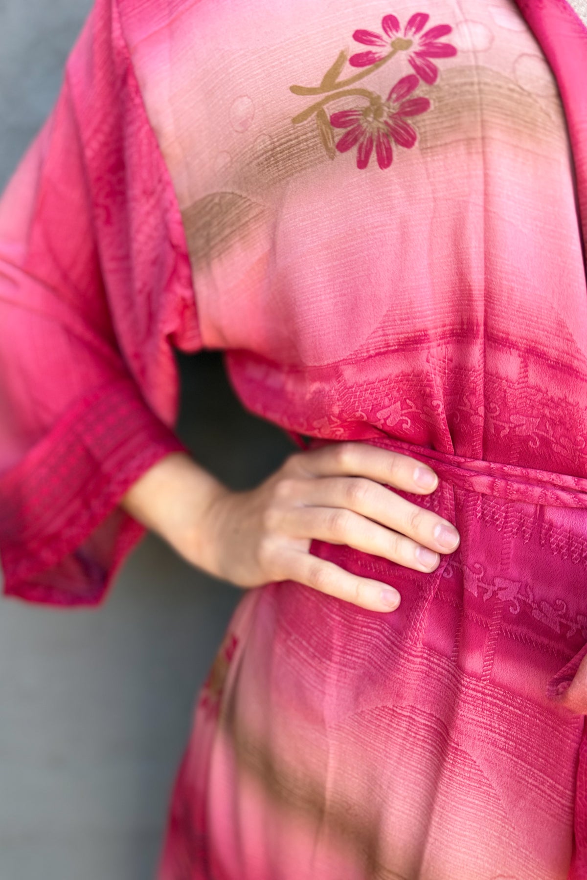 Upcycled Silk Sari Kimono In Rouge Daisy