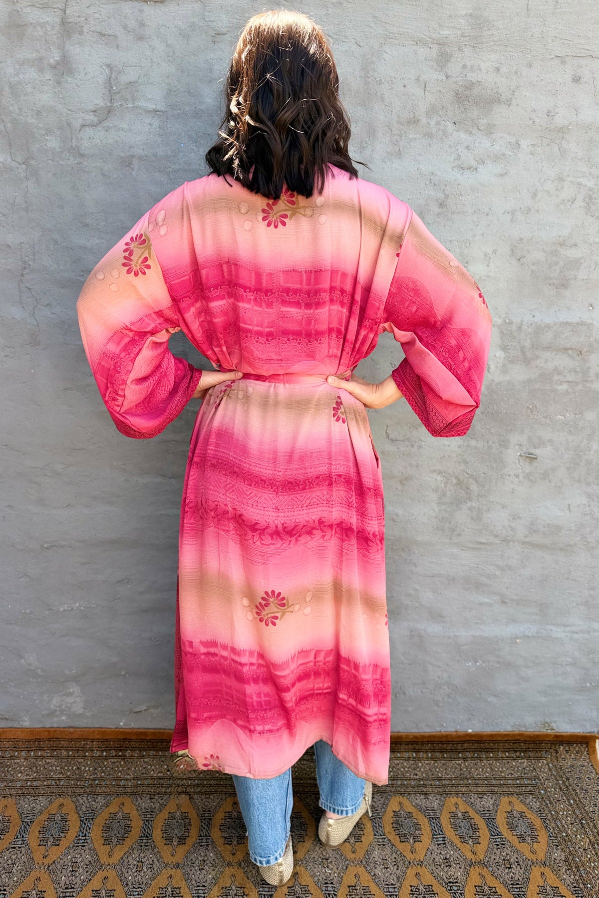 Upcycled Silk Sari Kimono In Rouge Daisy