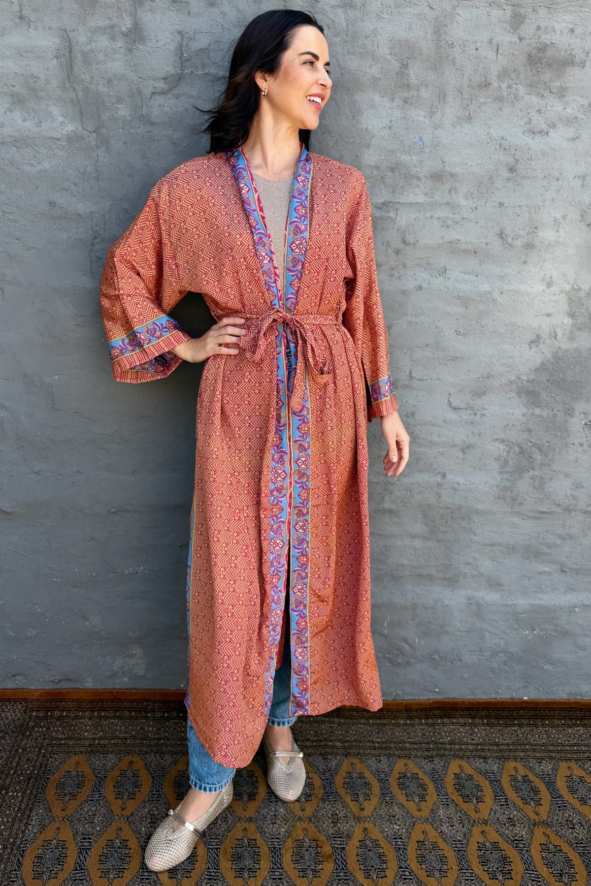 Upcycled Silk Sari Kimono In Fuchsia Chevron