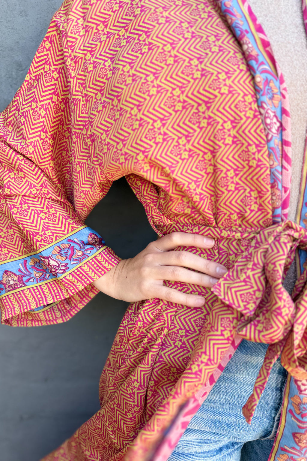 Upcycled Silk Sari Kimono In Fuchsia Chevron