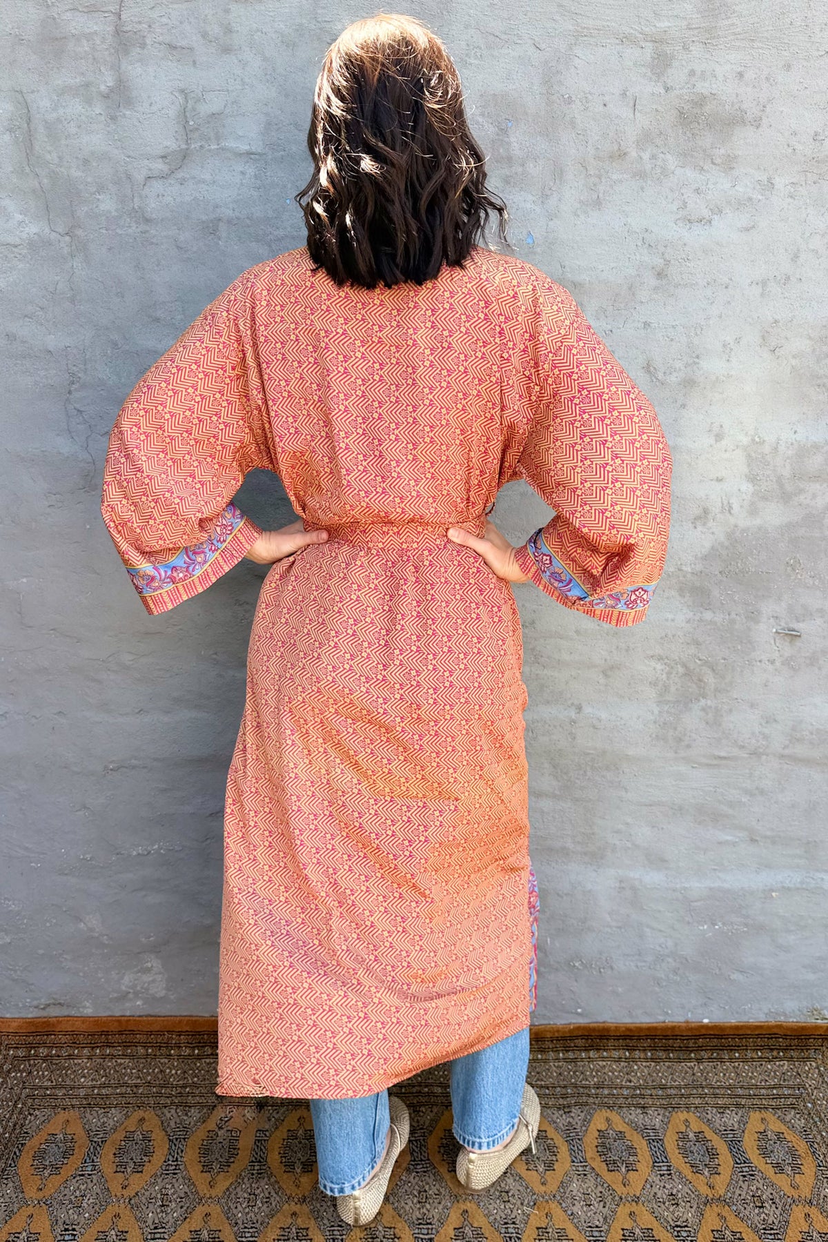 Upcycled Silk Sari Kimono In Fuchsia Chevron