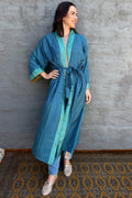 Upcycled Silk Sari Kimono In Aqua Splash