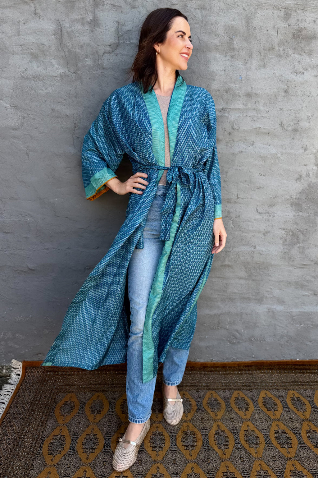 Upcycled Silk Sari Kimono In Aqua Splash