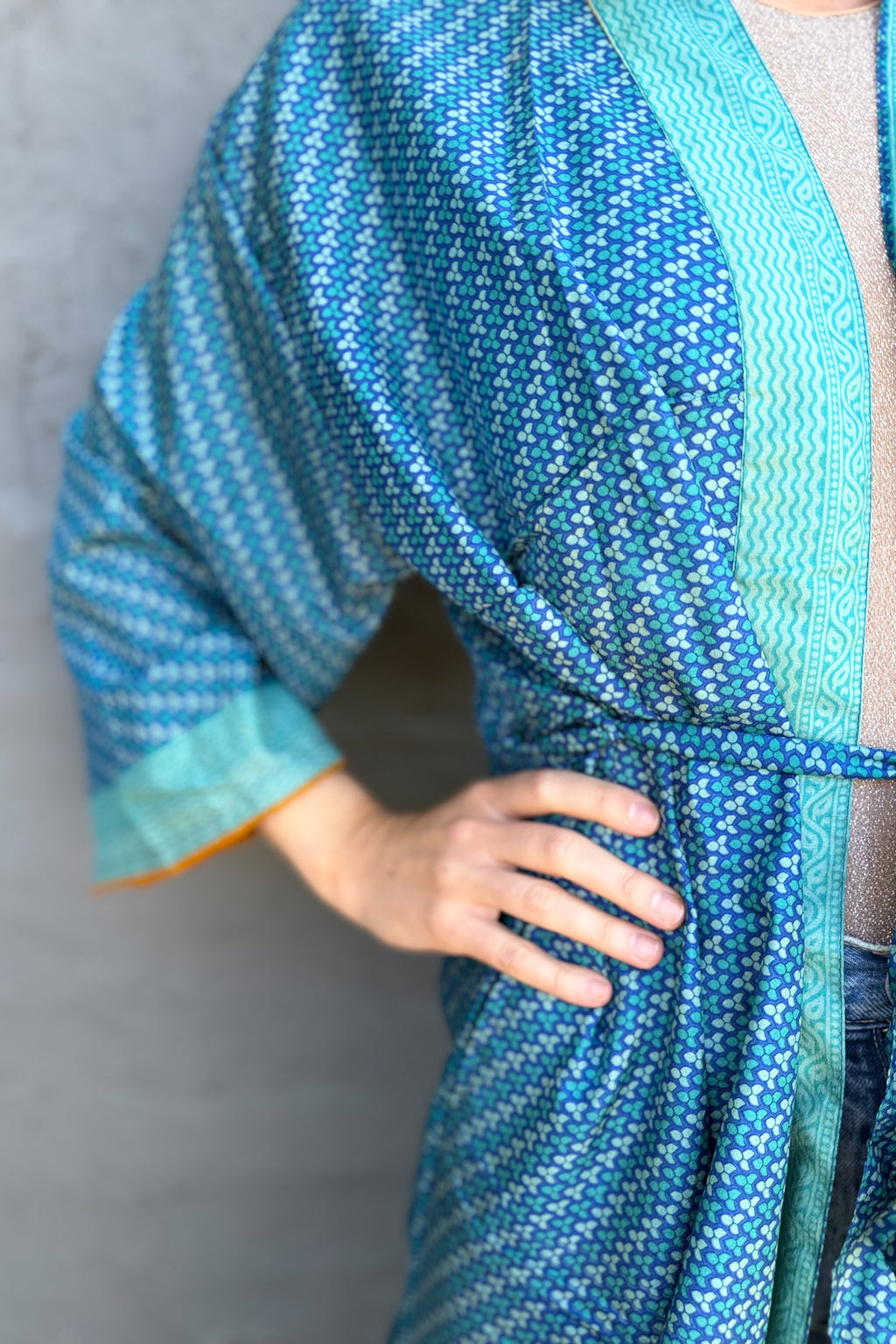 Upcycled Silk Sari Kimono In Aqua Splash