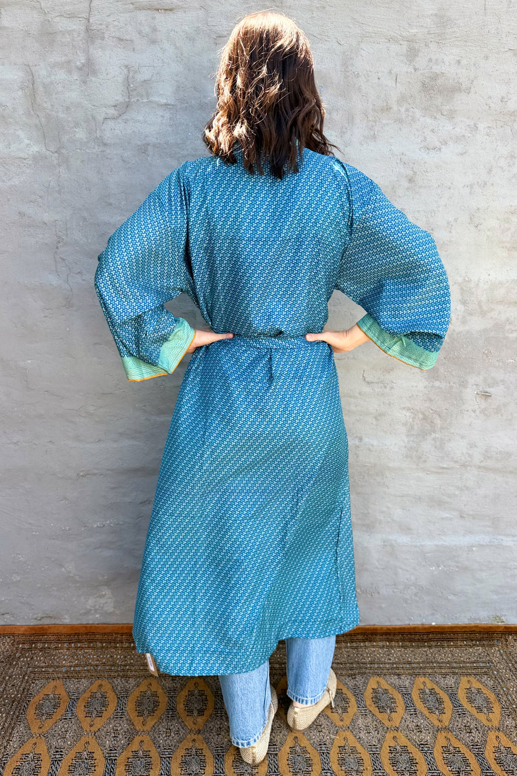 Upcycled Silk Sari Kimono In Aqua Splash