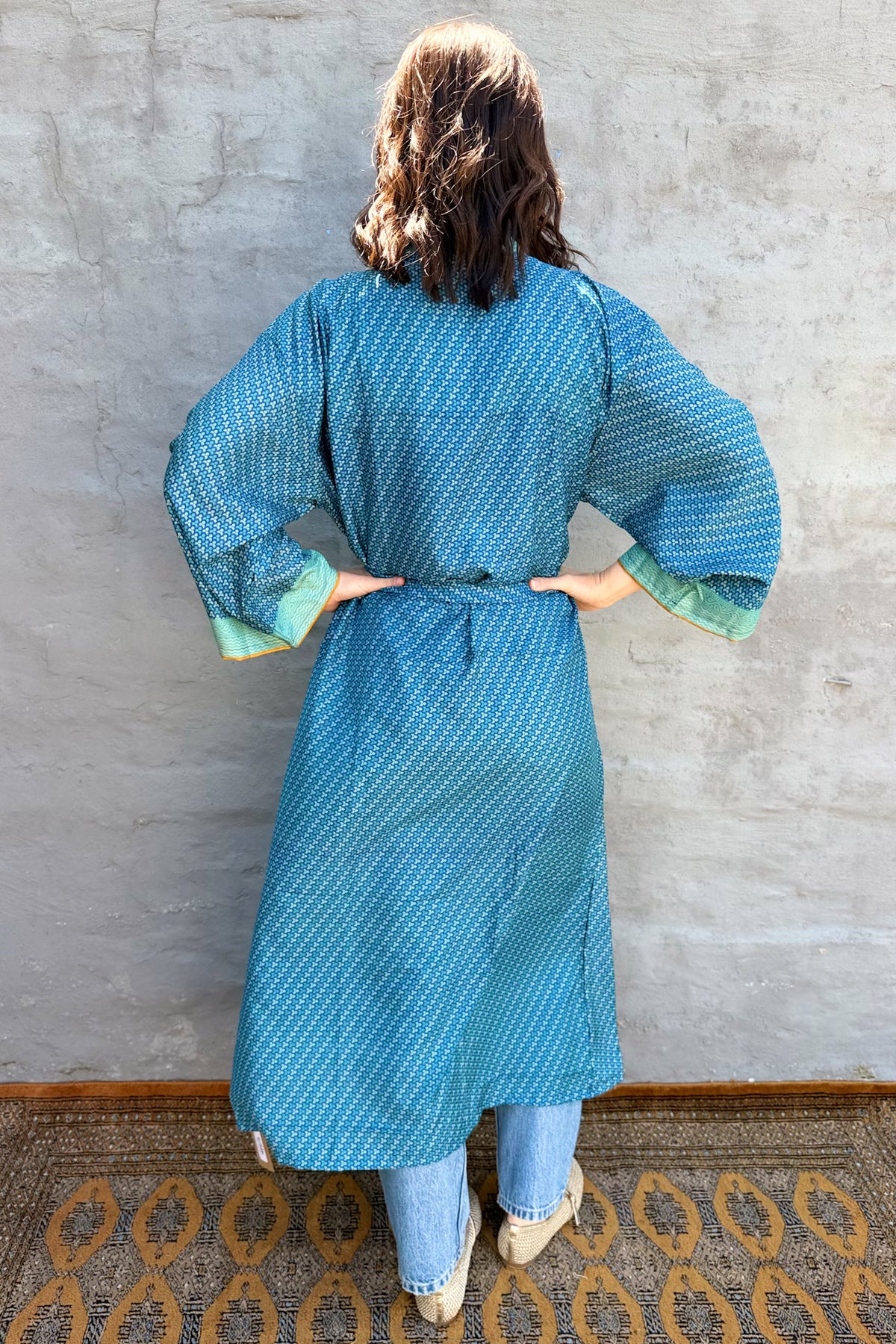 Upcycled Silk Sari Kimono In Aqua Splash