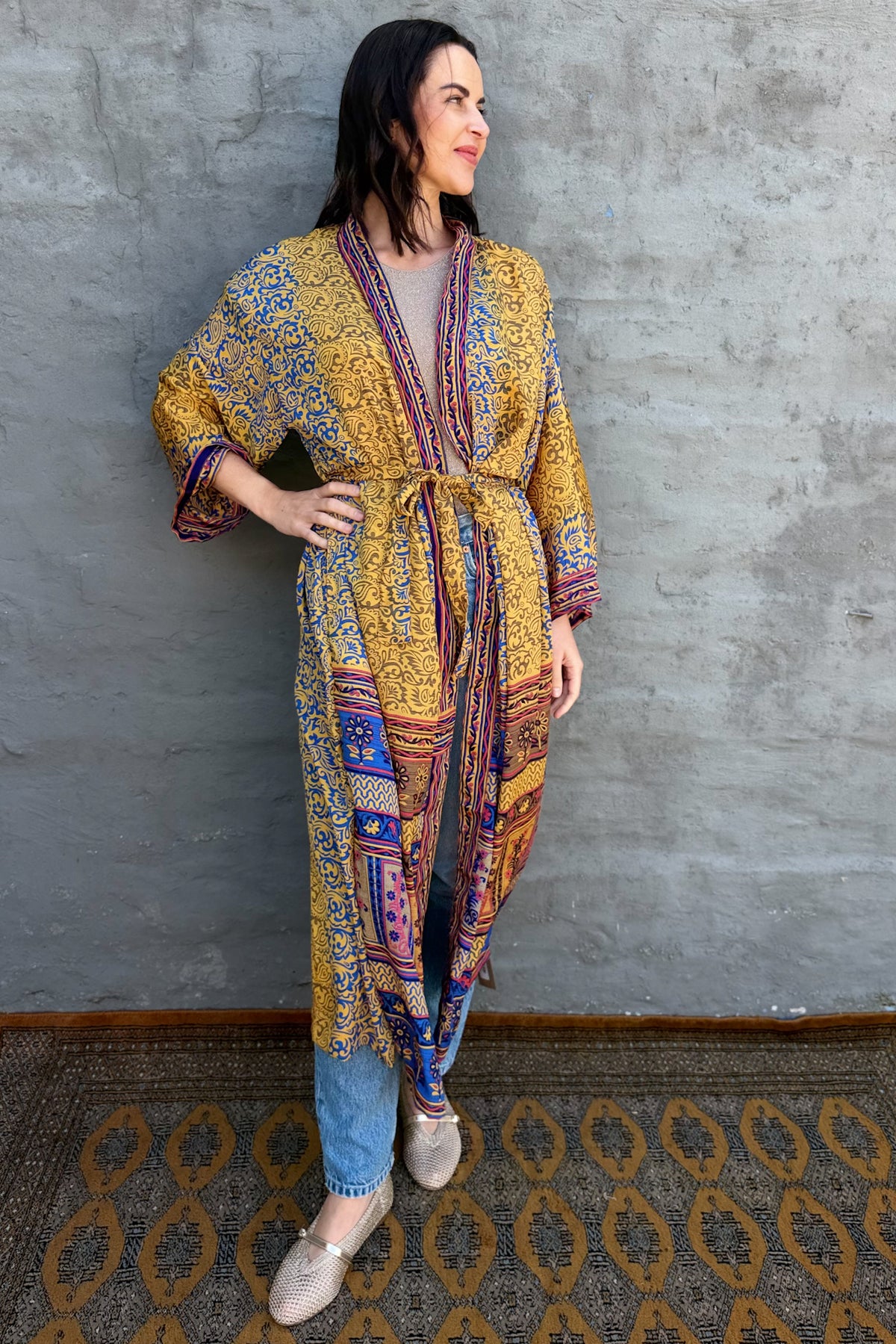 Upcycled Silk Sari Kimono In Golden Damask