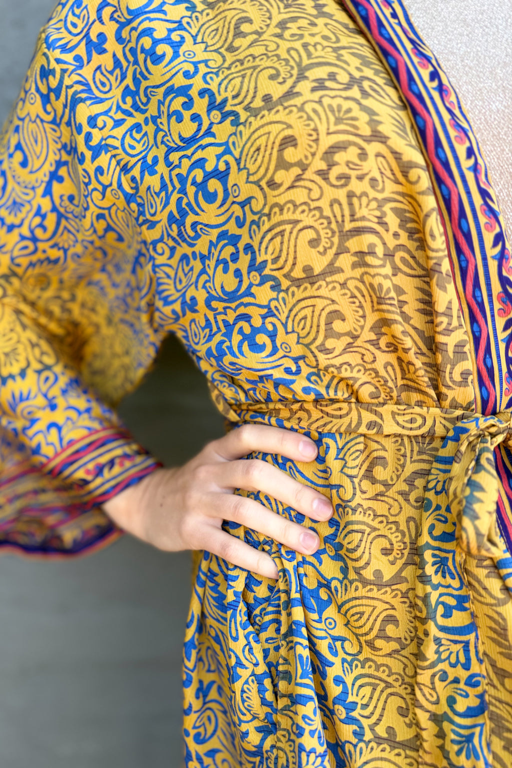 Upcycled Silk Sari Kimono In Golden Damask