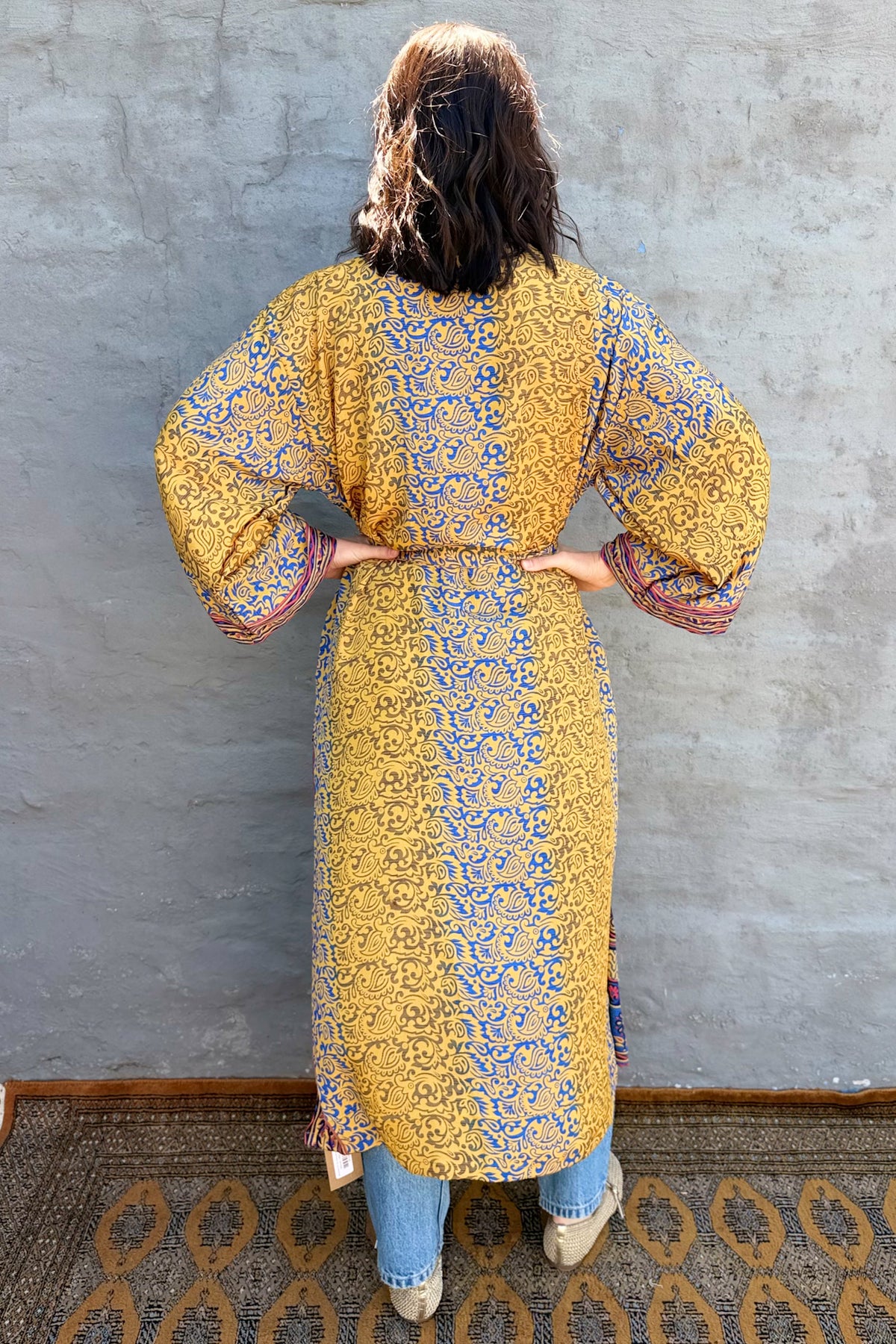 Upcycled Silk Sari Kimono In Golden Damask