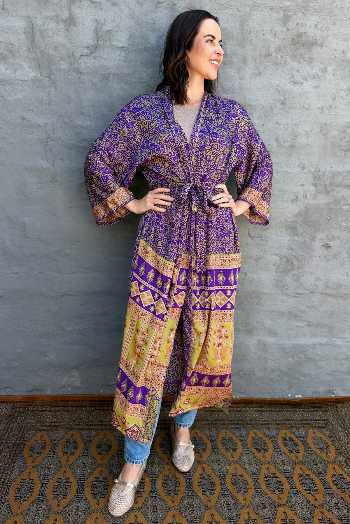 Upcycled Silk Sari Kimono In Purple Passionflower