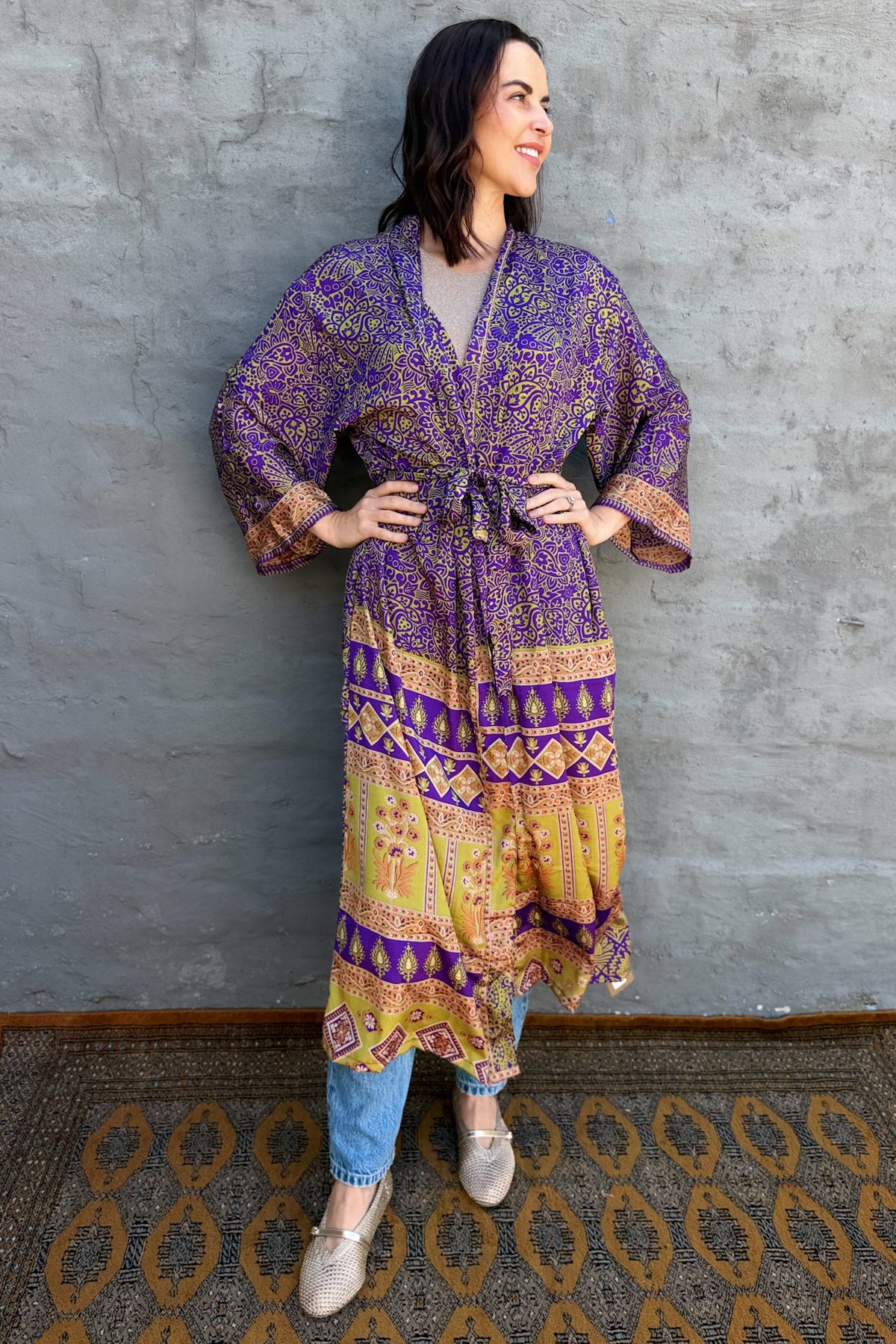 Upcycled Silk Sari Kimono In Purple Passionflower