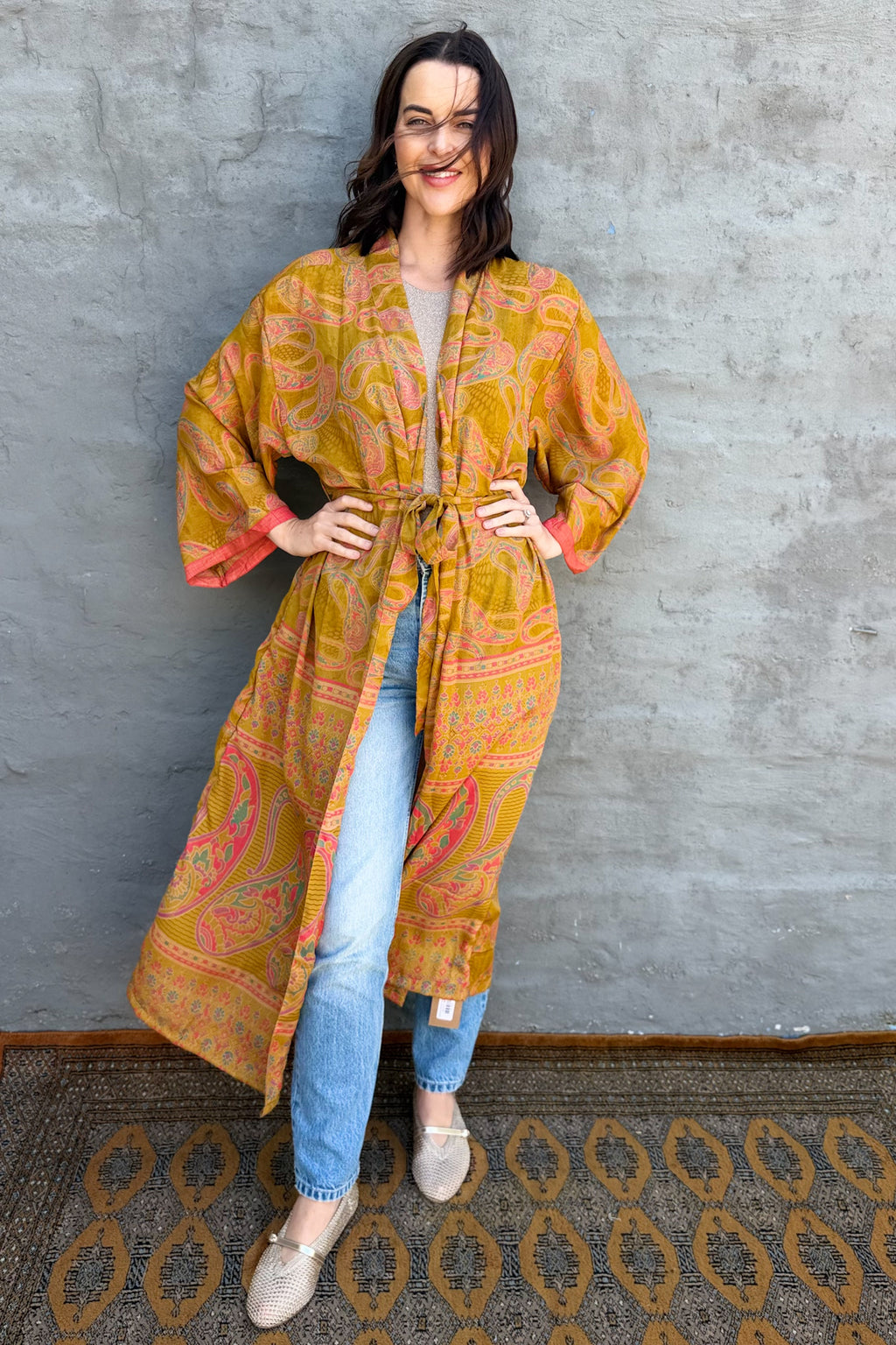 Upcycled Silk Sari Kimono In Mustard Magic
