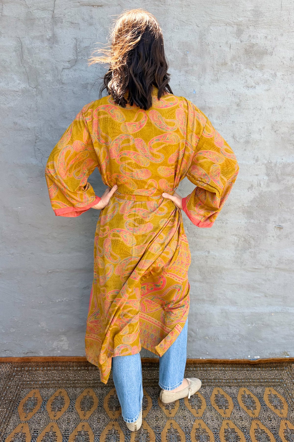 Upcycled Silk Sari Kimono In Mustard Magic