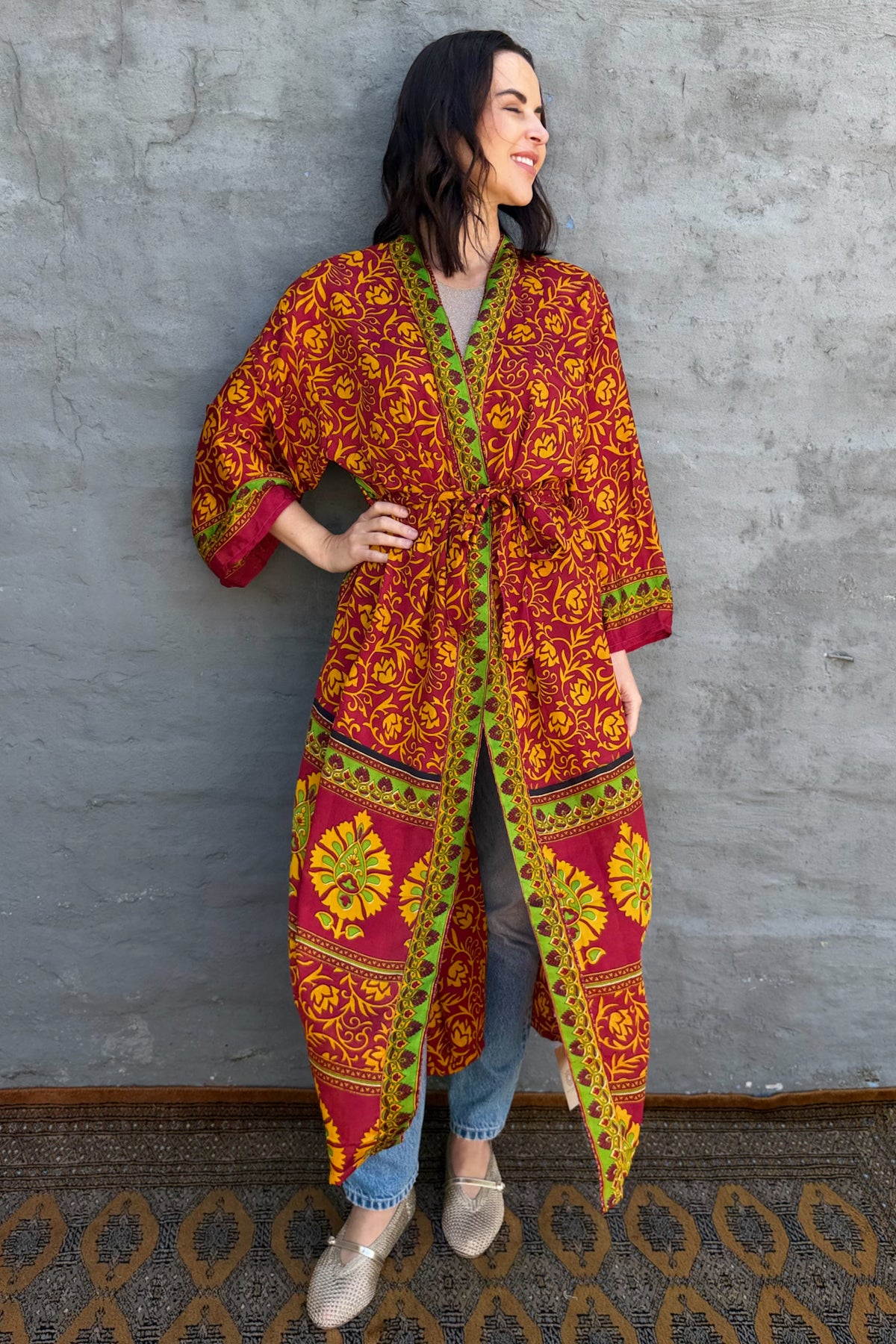 Upcycled Silk Sari Kimono In Scarlet Marigold
