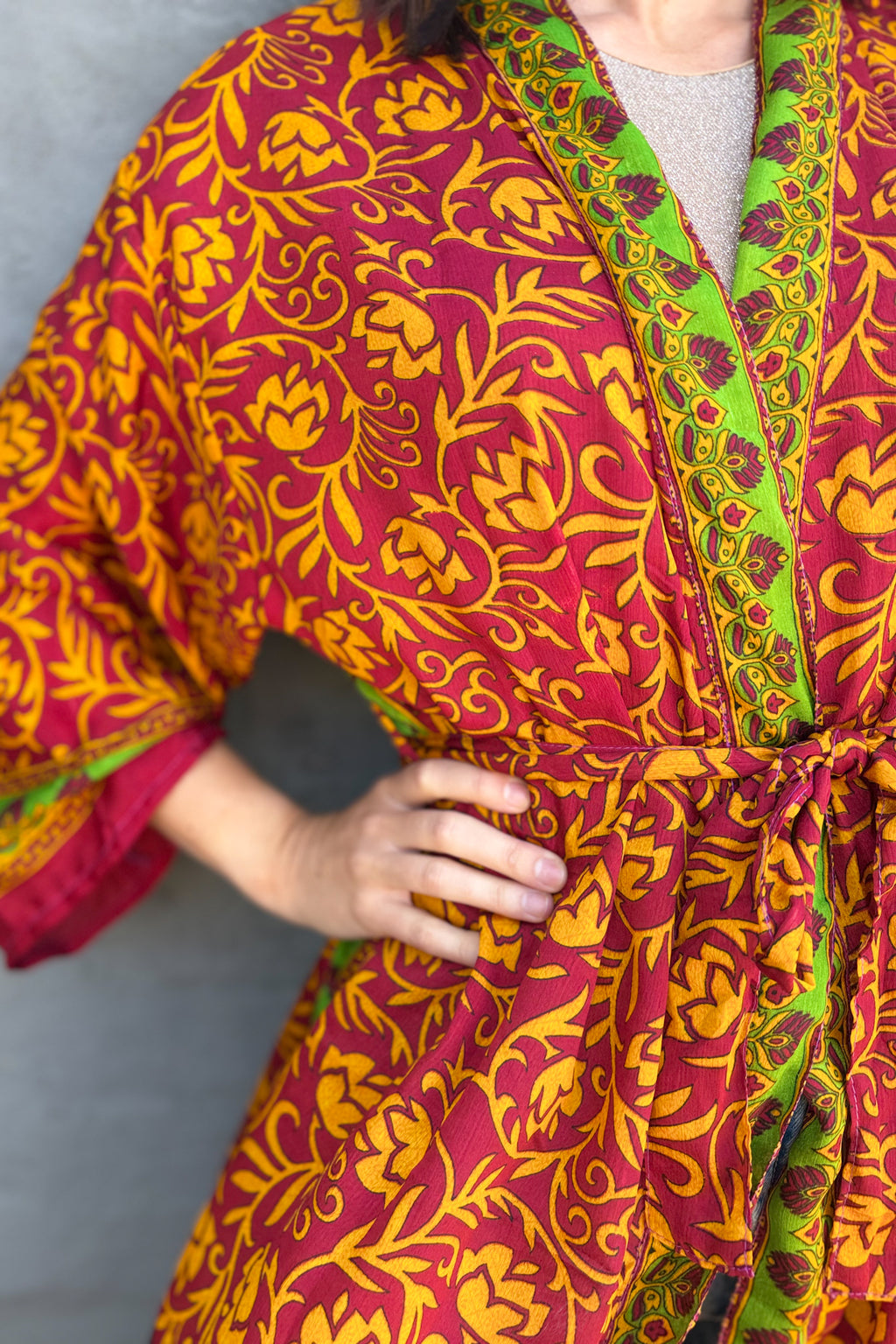 Upcycled Silk Sari Kimono In Scarlet Marigold
