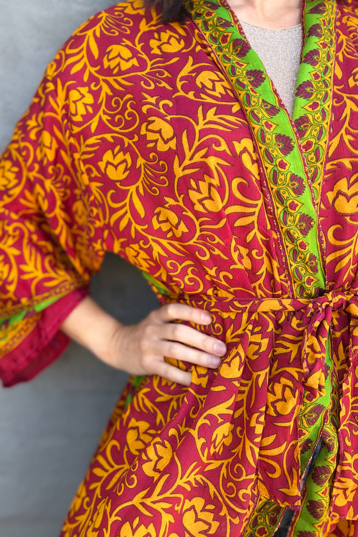 Upcycled Silk Sari Kimono In Scarlet Marigold