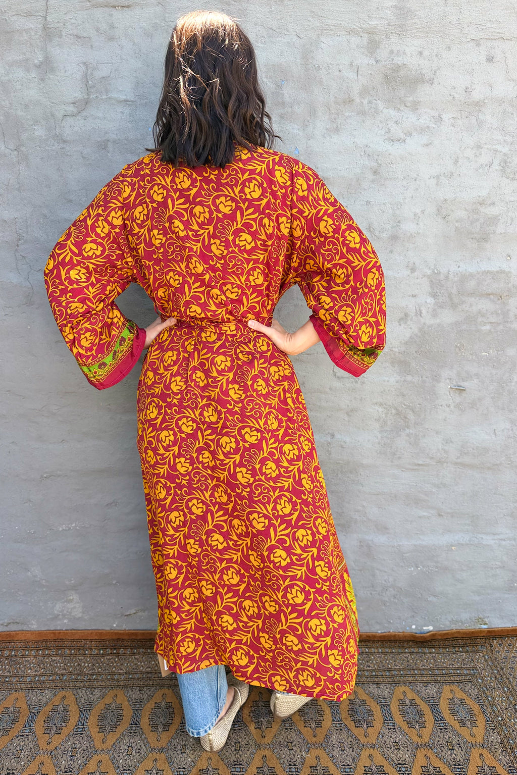 Upcycled Silk Sari Kimono In Scarlet Marigold