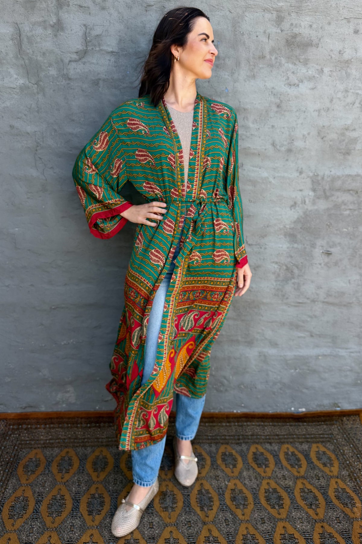 Upcycled Silk Sari Kimono In Cadmium Paisley