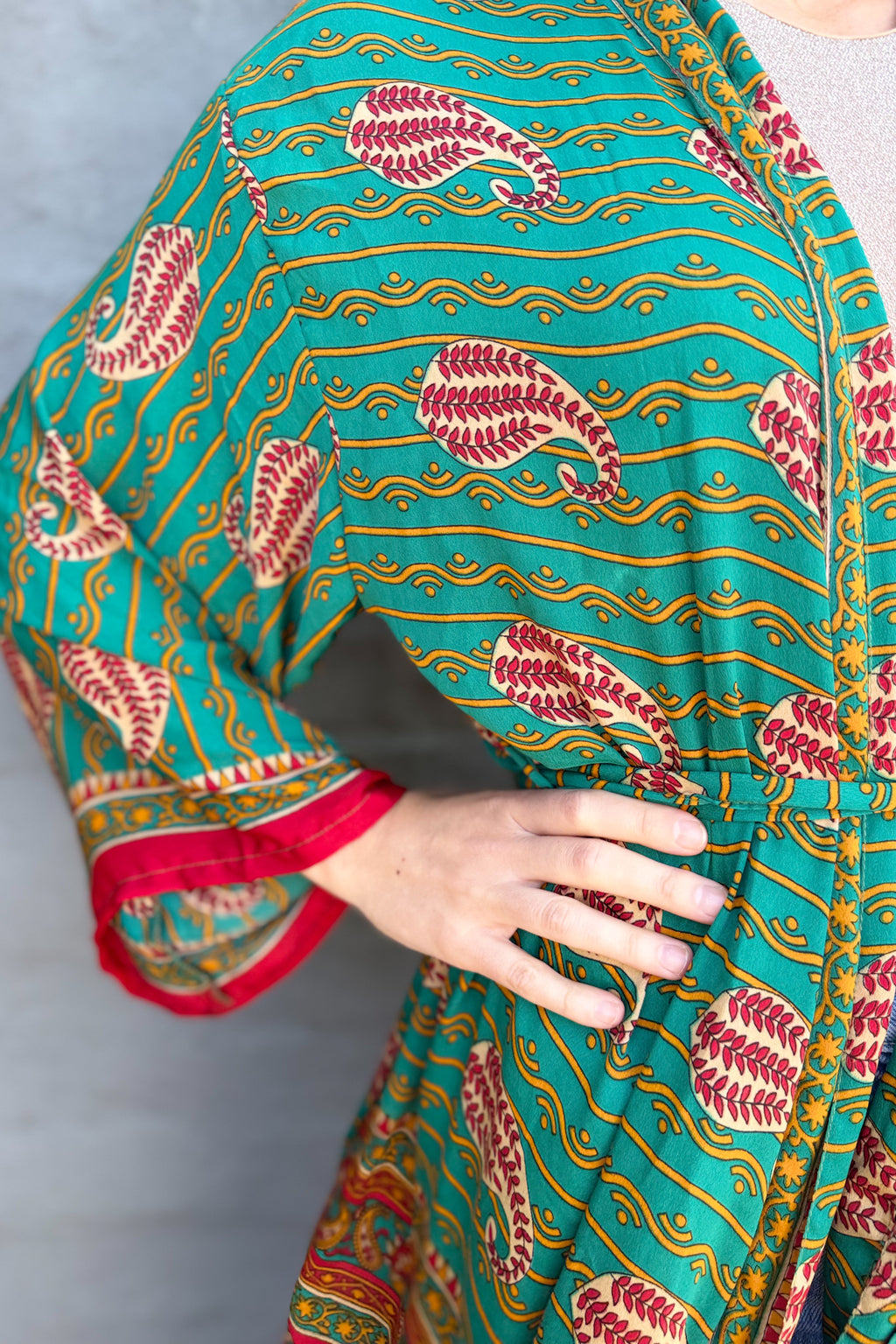 Upcycled Silk Sari Kimono In Cadmium Paisley