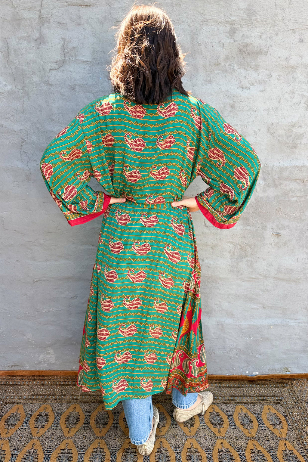 Upcycled Silk Sari Kimono In Cadmium Paisley