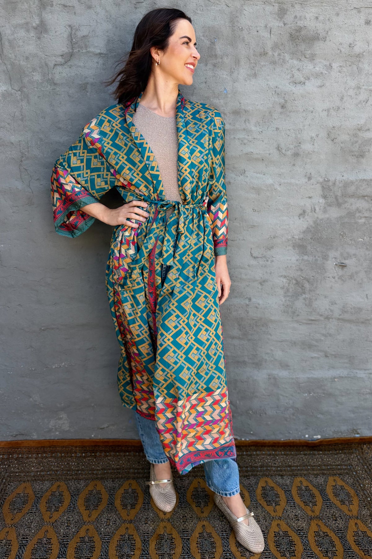 Upcycled Silk Sari Kimono In Golden Teal Geometric