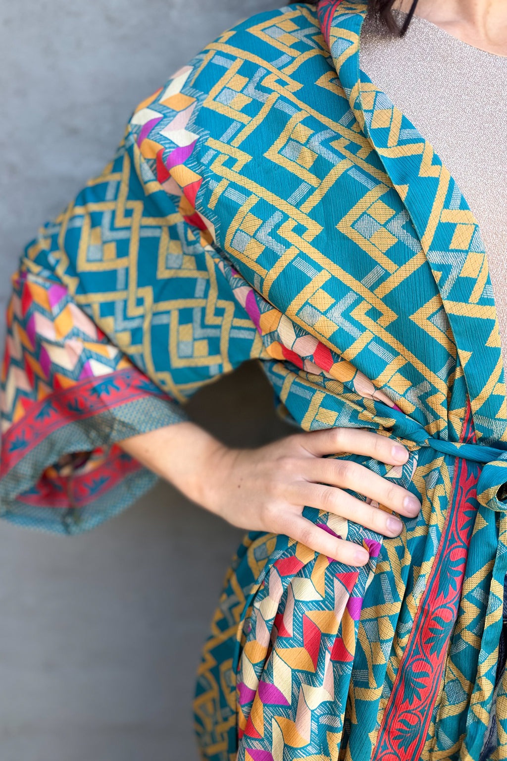 Upcycled Silk Sari Kimono In Golden Teal Geometric