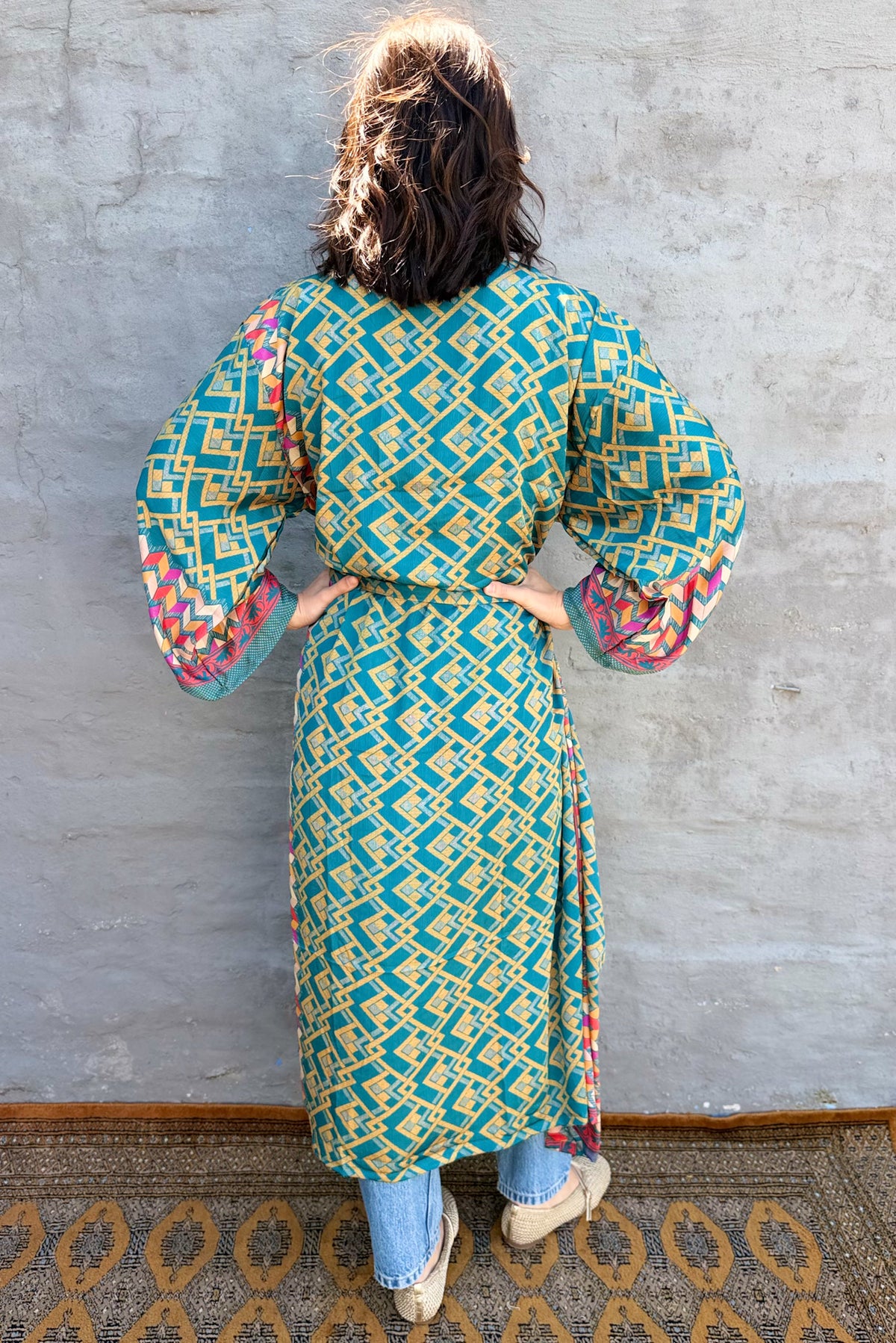 Upcycled Silk Sari Kimono In Golden Teal Geometric
