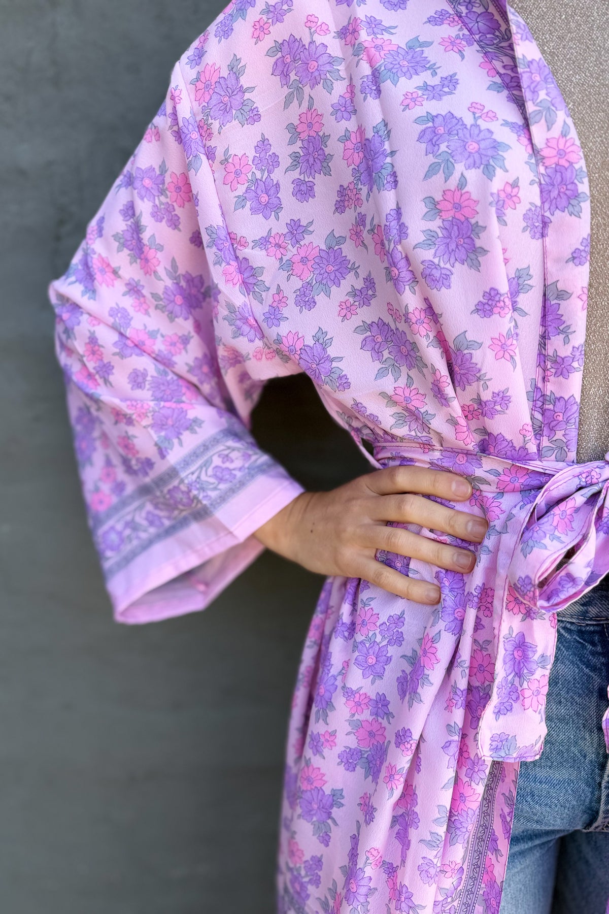 Upcycled Silk Sari Kimono In Vintage Lilac