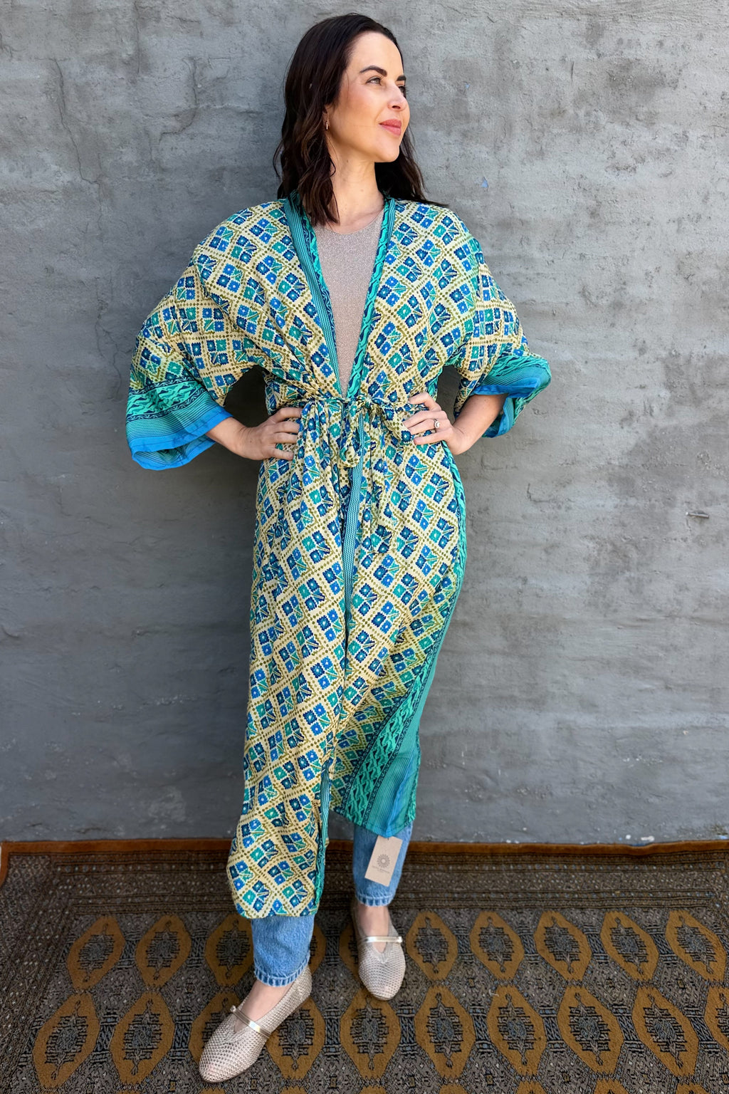 Upcycled Silk Sari Kimono In Aqua Geometric