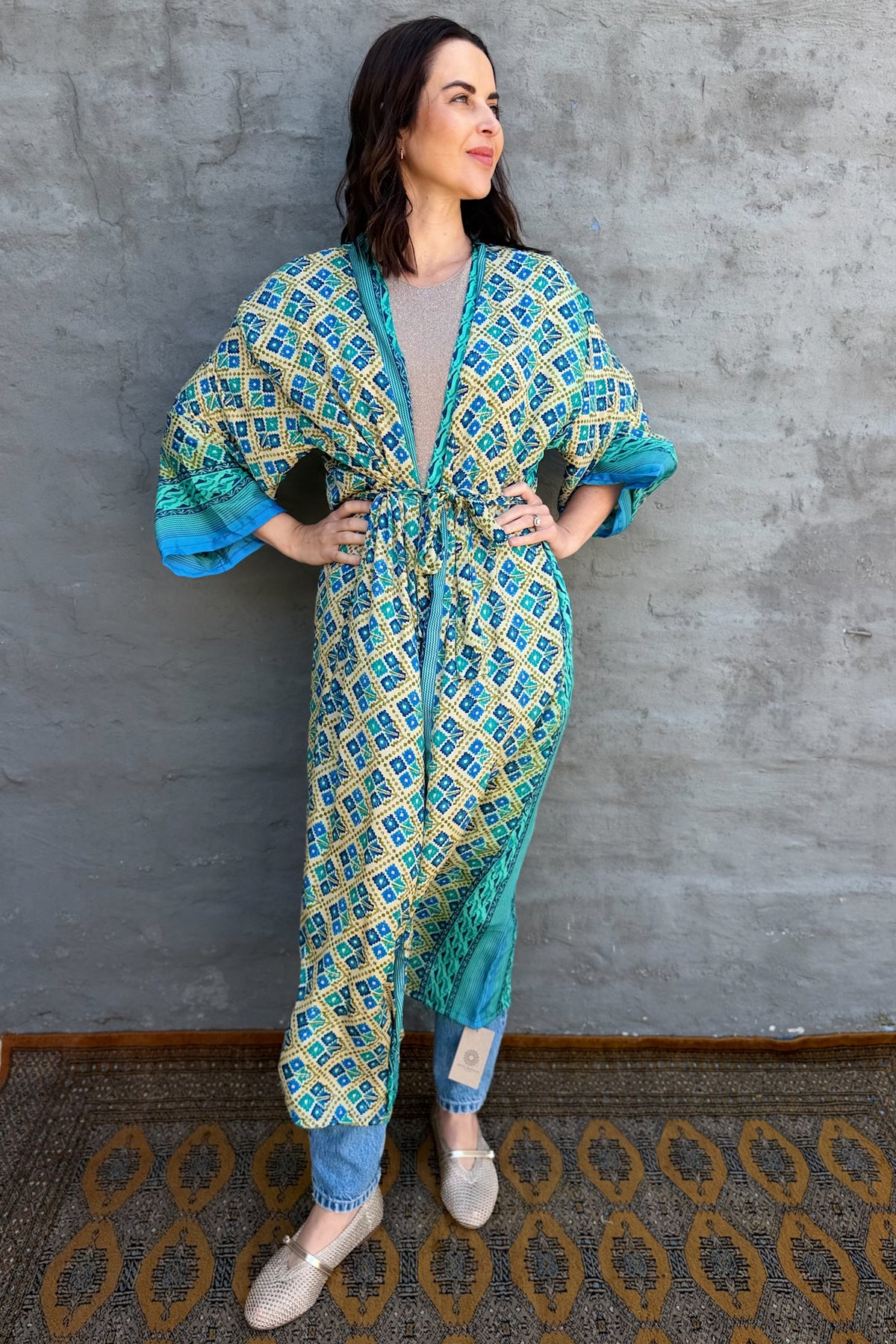 Upcycled Silk Sari Kimono In Aqua Geometric
