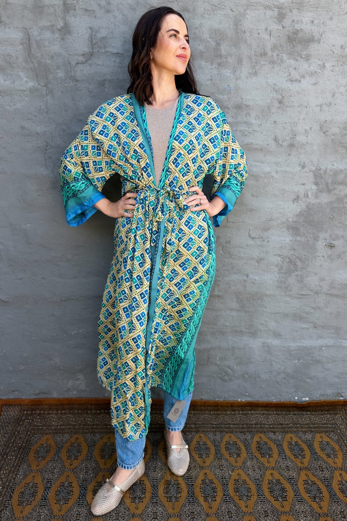 Upcycled Silk Sari Kimono In Aqua Geometric