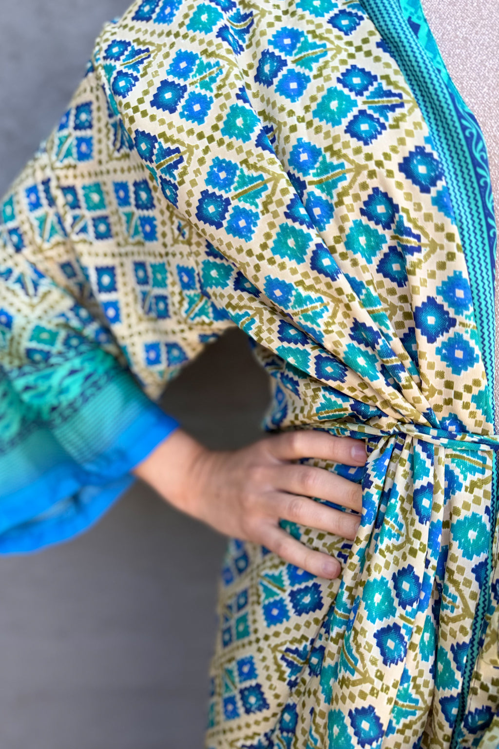 Upcycled Silk Sari Kimono In Aqua Geometric